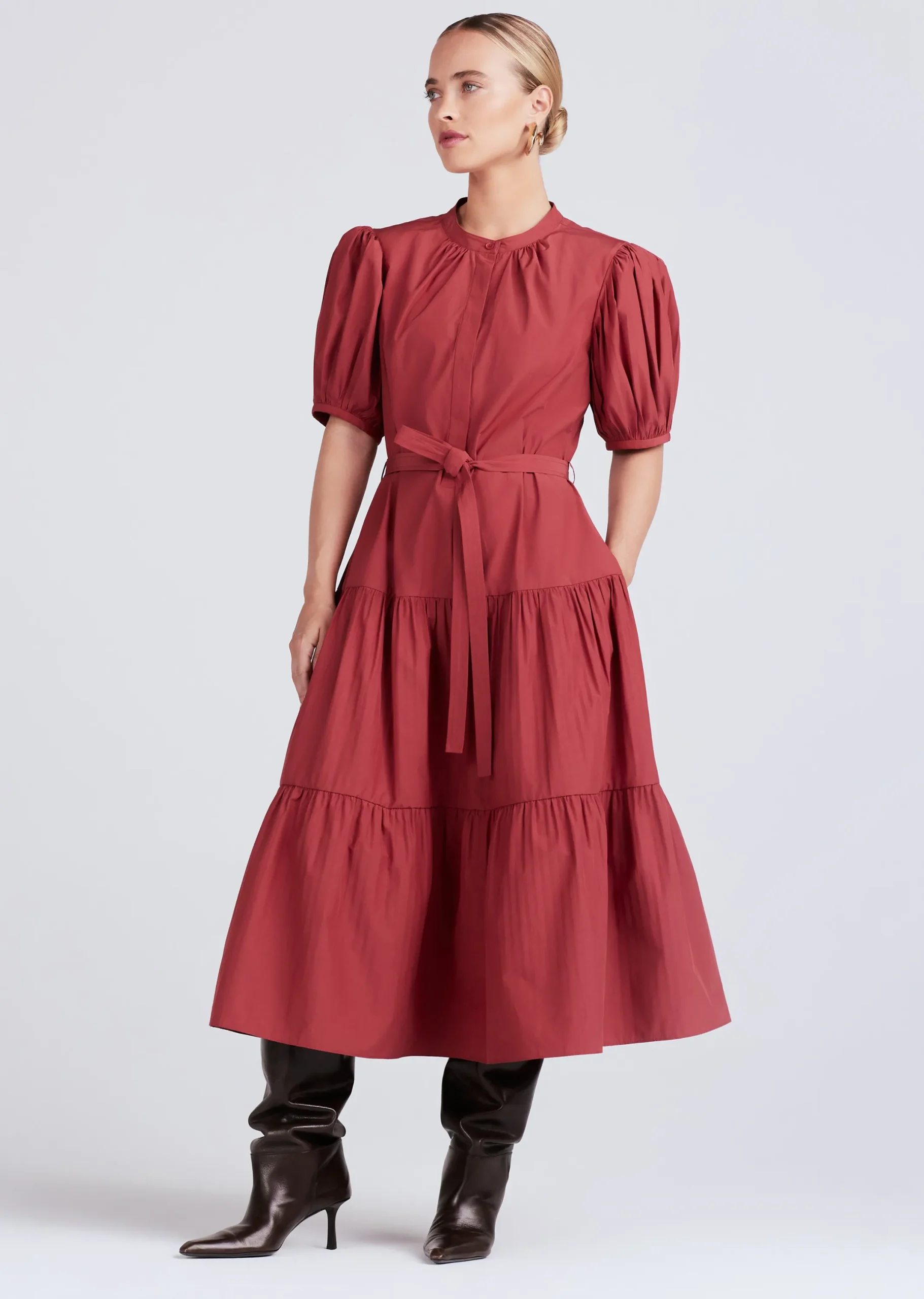 Derek Lam -Alexandra Puff Sleeve Shirt Midi Dress Rhubarb