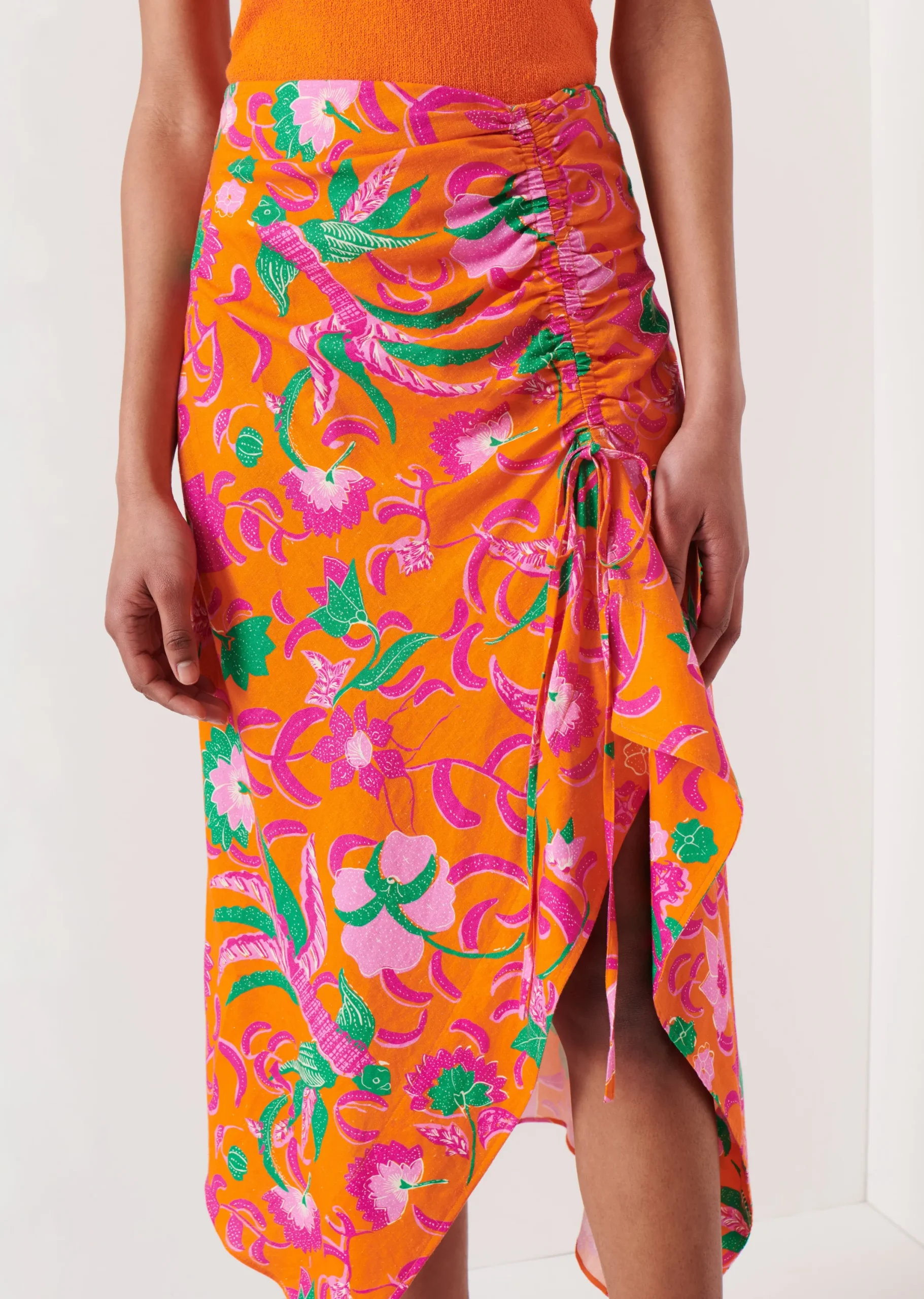 Derek Lam -Alora Ruched Midi Skirt Orange Multi