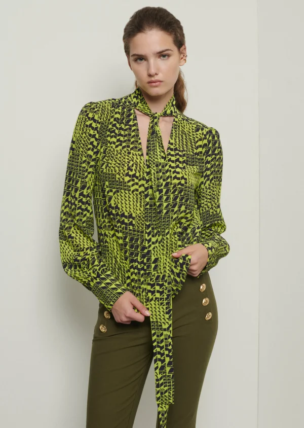 Derek Lam -Amabel Tie Neck Blouse Chartreuse-Black