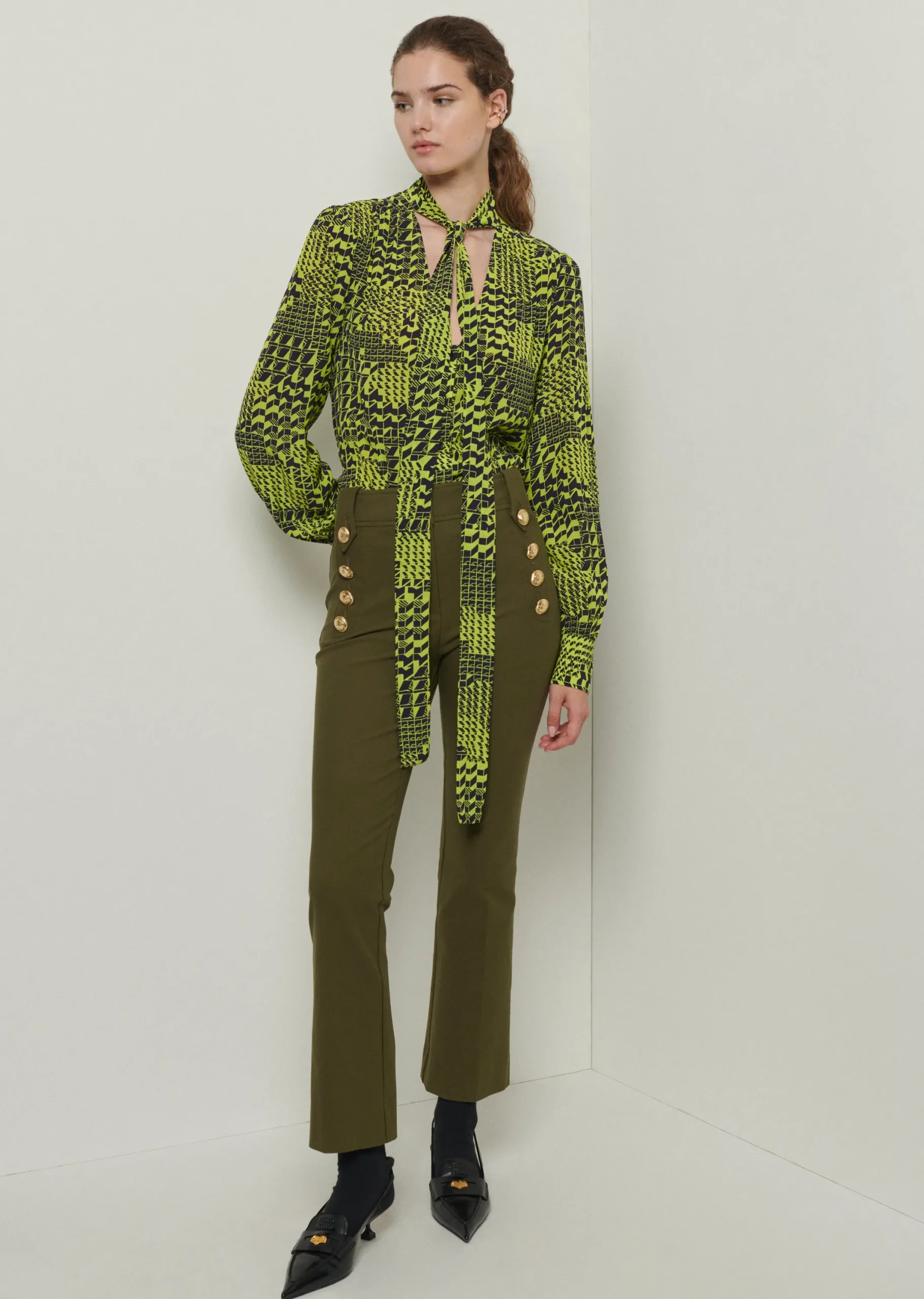 Derek Lam -Amabel Tie Neck Blouse Chartreuse-Black