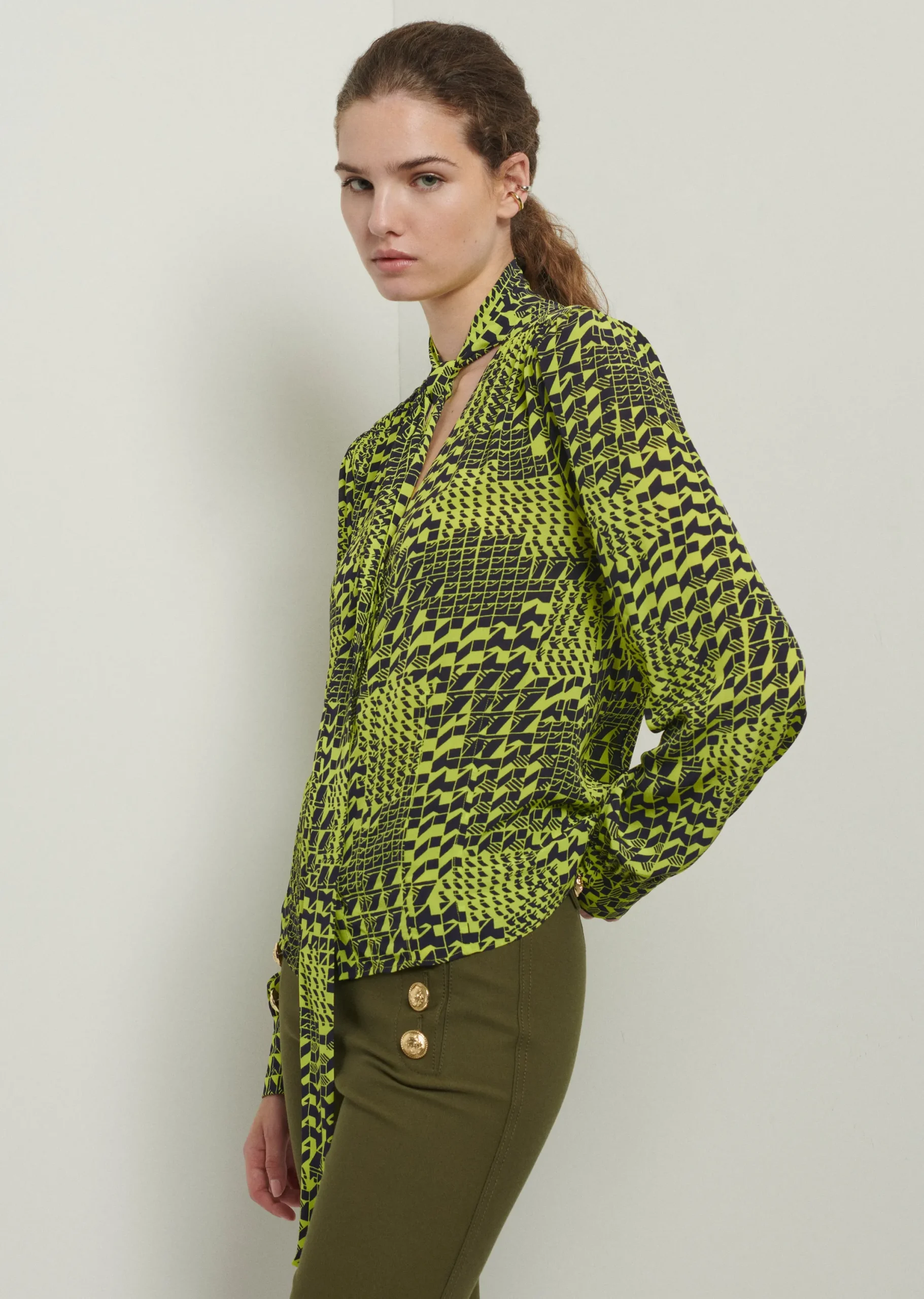 Derek Lam -Amabel Tie Neck Blouse Chartreuse-Black