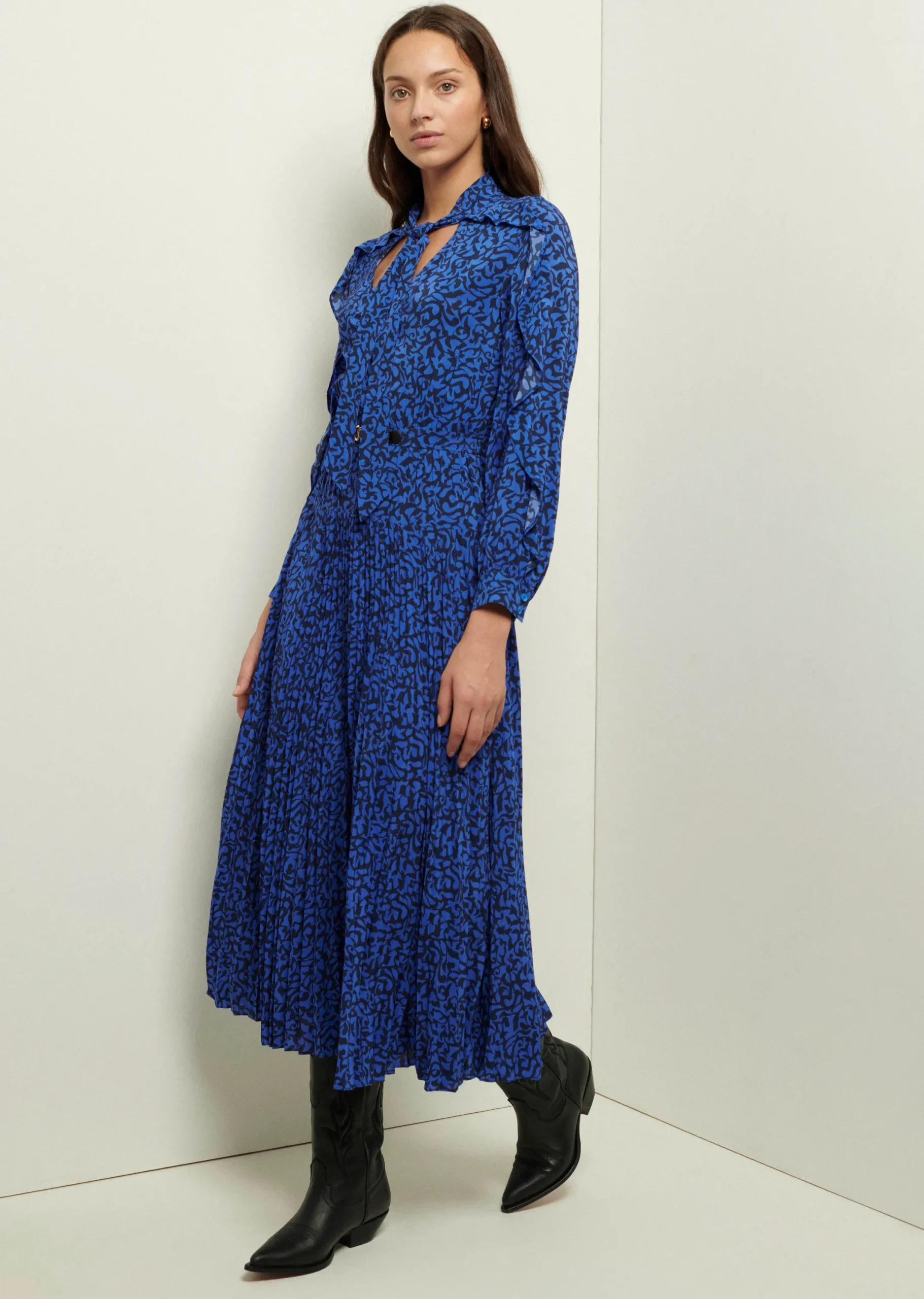 Derek Lam -Amanza Ruffle Pleated Dress Cobalt Multi