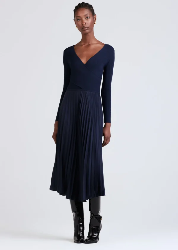 Derek Lam -Anika Wrap Pleated Sweater Dress Navy