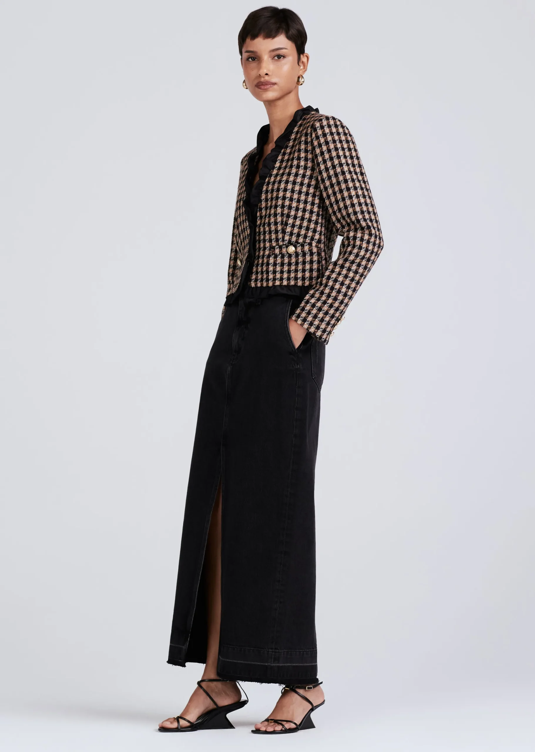 Derek Lam -Betti Twisted Ruffle Trim Jacket Black-Gold Multi
