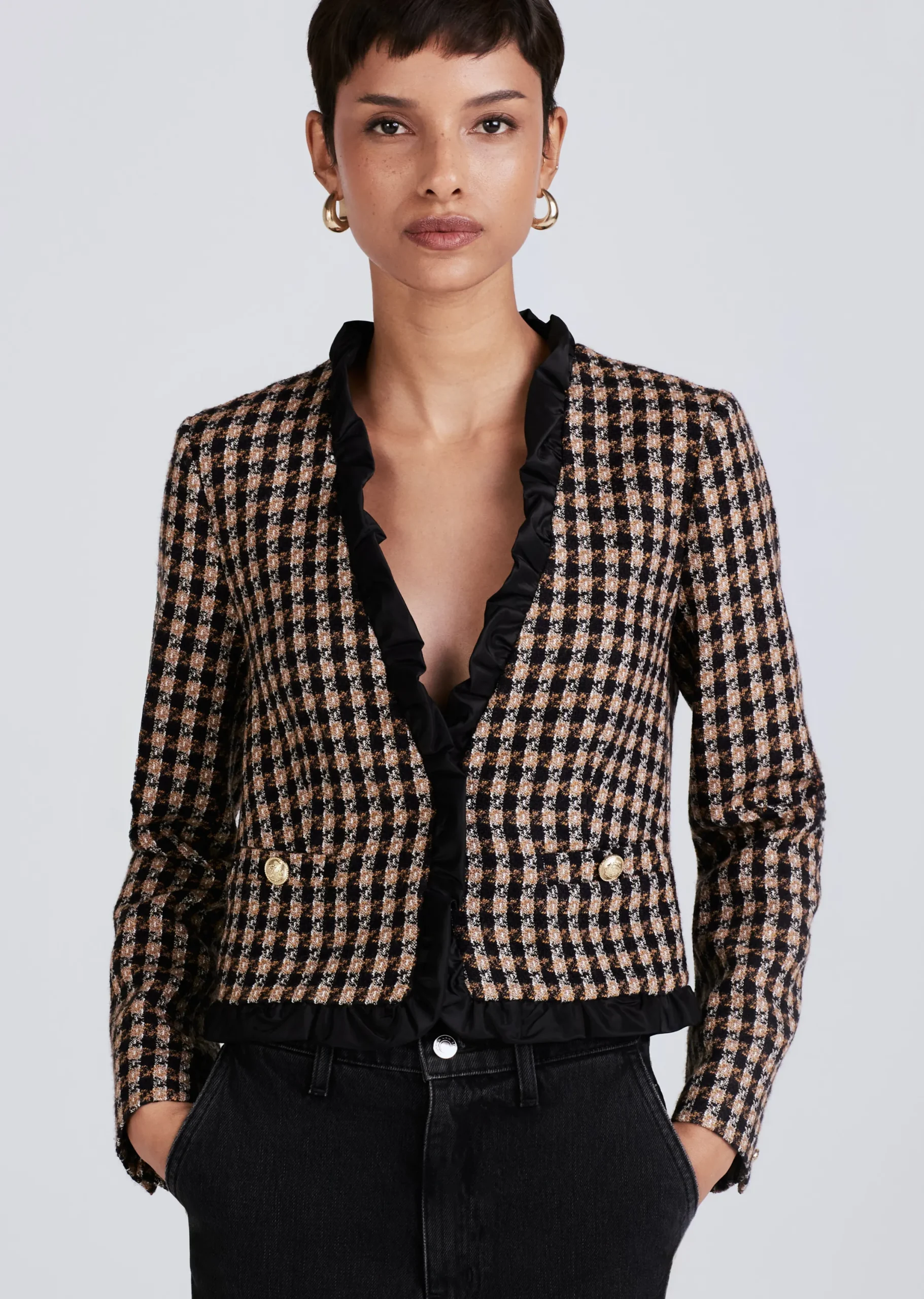 Derek Lam -Betti Twisted Ruffle Trim Jacket Black-Gold Multi