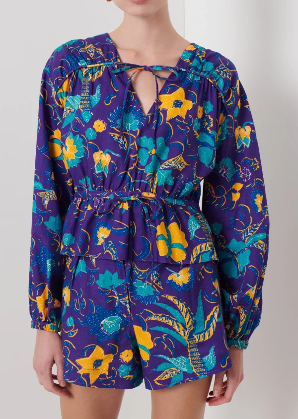 Derek Lam -Breanna Long Sleeve Gathered Top Purple Multi