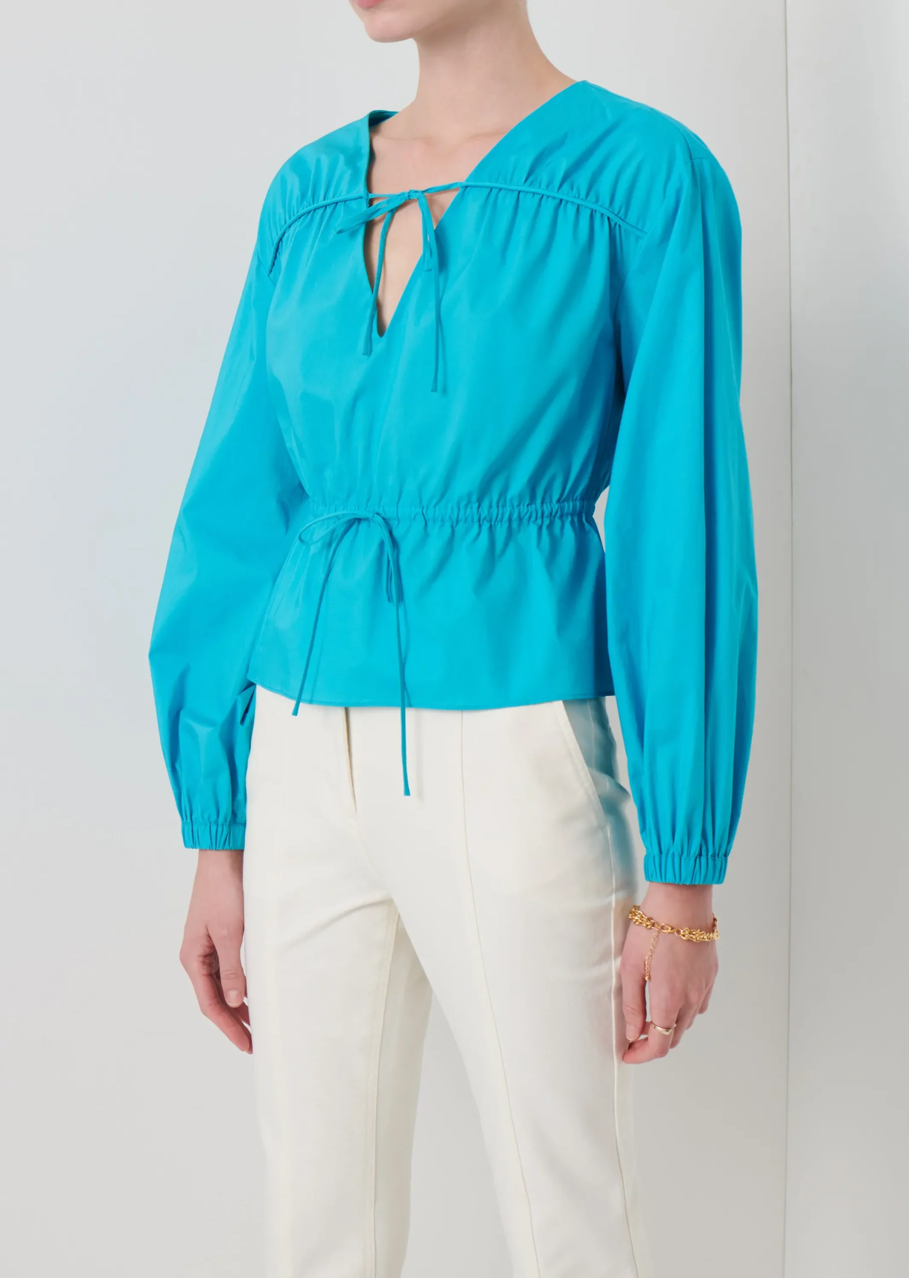 Derek Lam -Breanna Long Sleeve Gathered Top Peacock Blue
