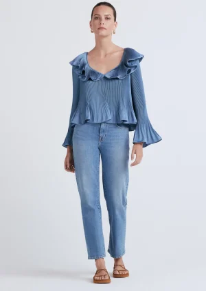 Derek Lam -Charis Pleated Ruffle Blouse Steel Blue