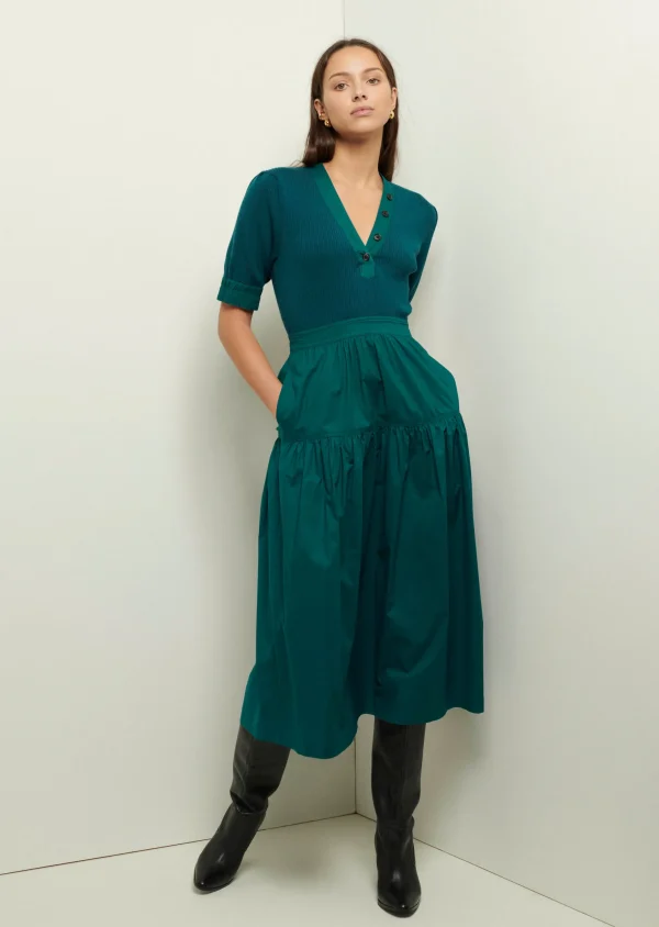 Derek Lam -Claire Mixed Media Puff Sleeve Dress Evergreen