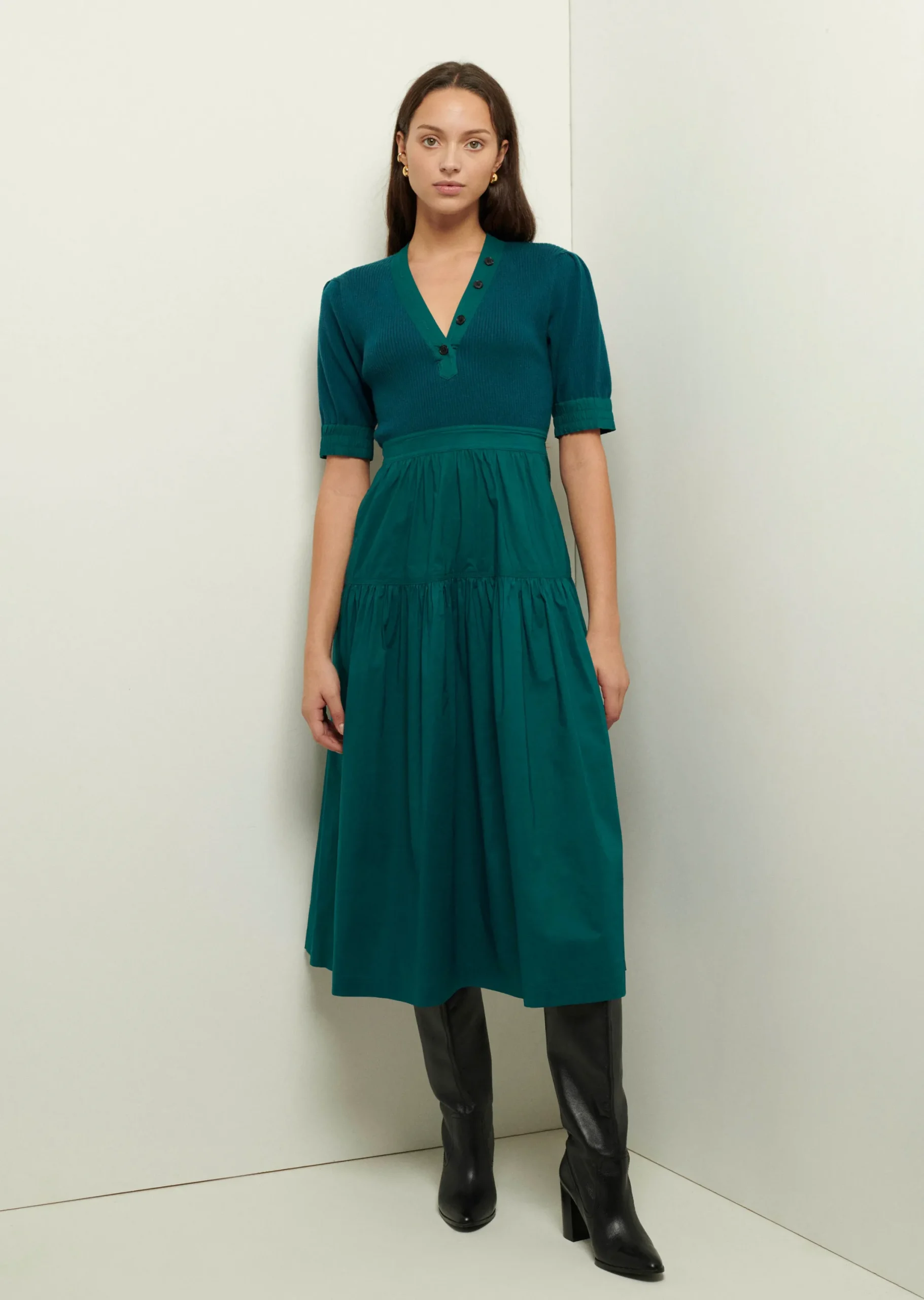 Derek Lam -Claire Mixed Media Puff Sleeve Dress Evergreen