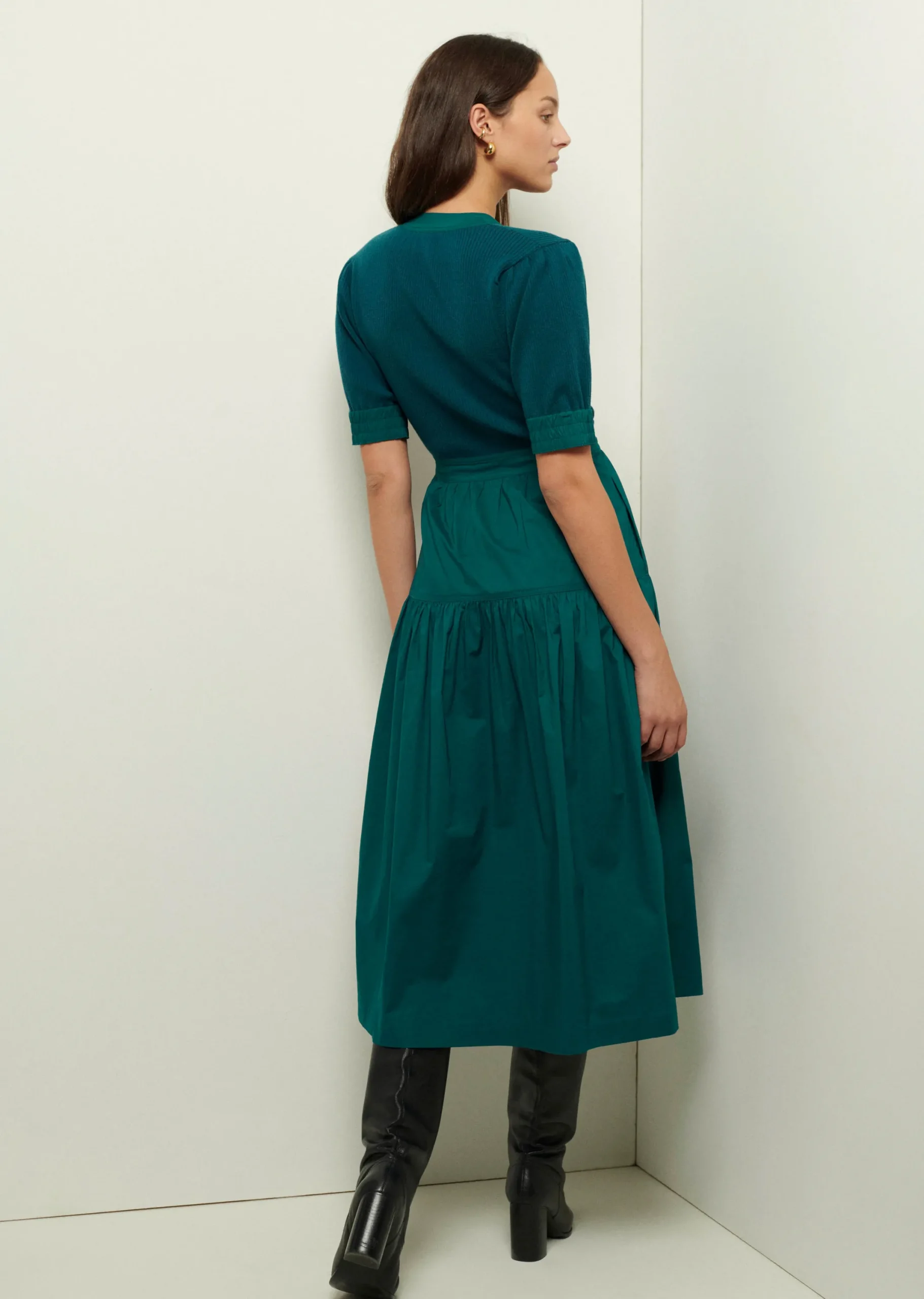 Derek Lam -Claire Mixed Media Puff Sleeve Dress Evergreen