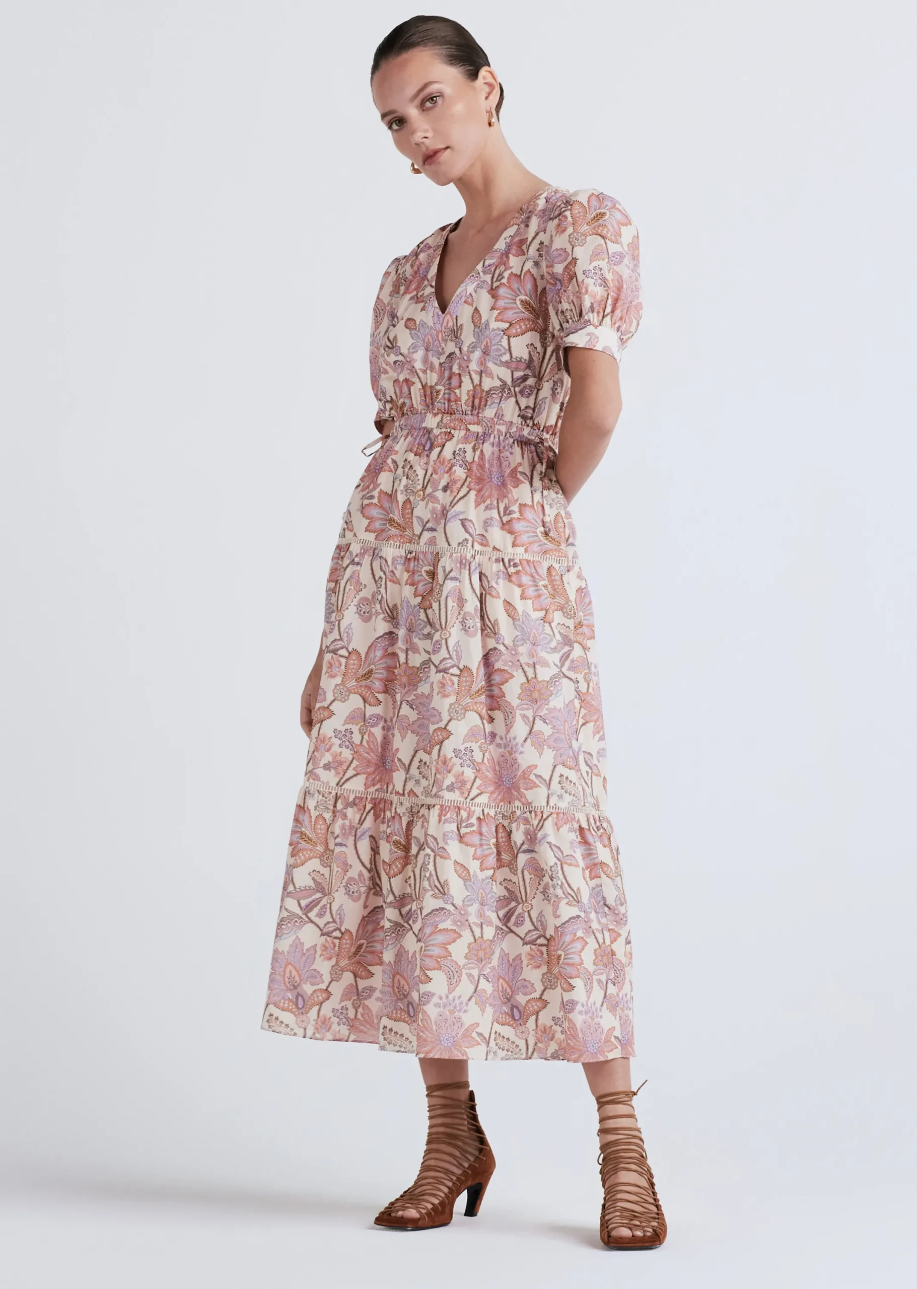 Derek Lam -Columba Puff Sleeve V-Neck Dress Pink Multi