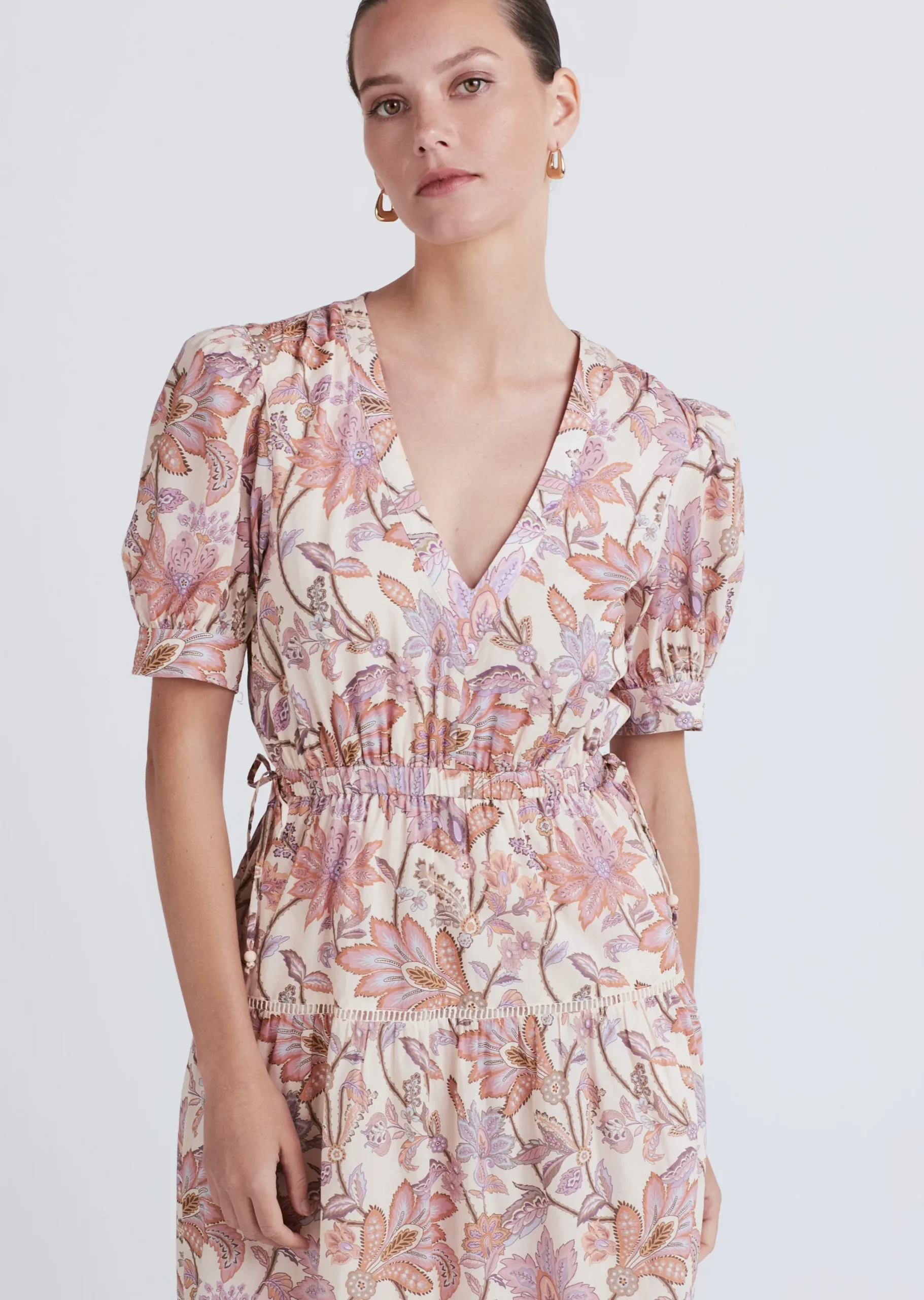 Derek Lam -Columba Puff Sleeve V-Neck Dress Pink Multi