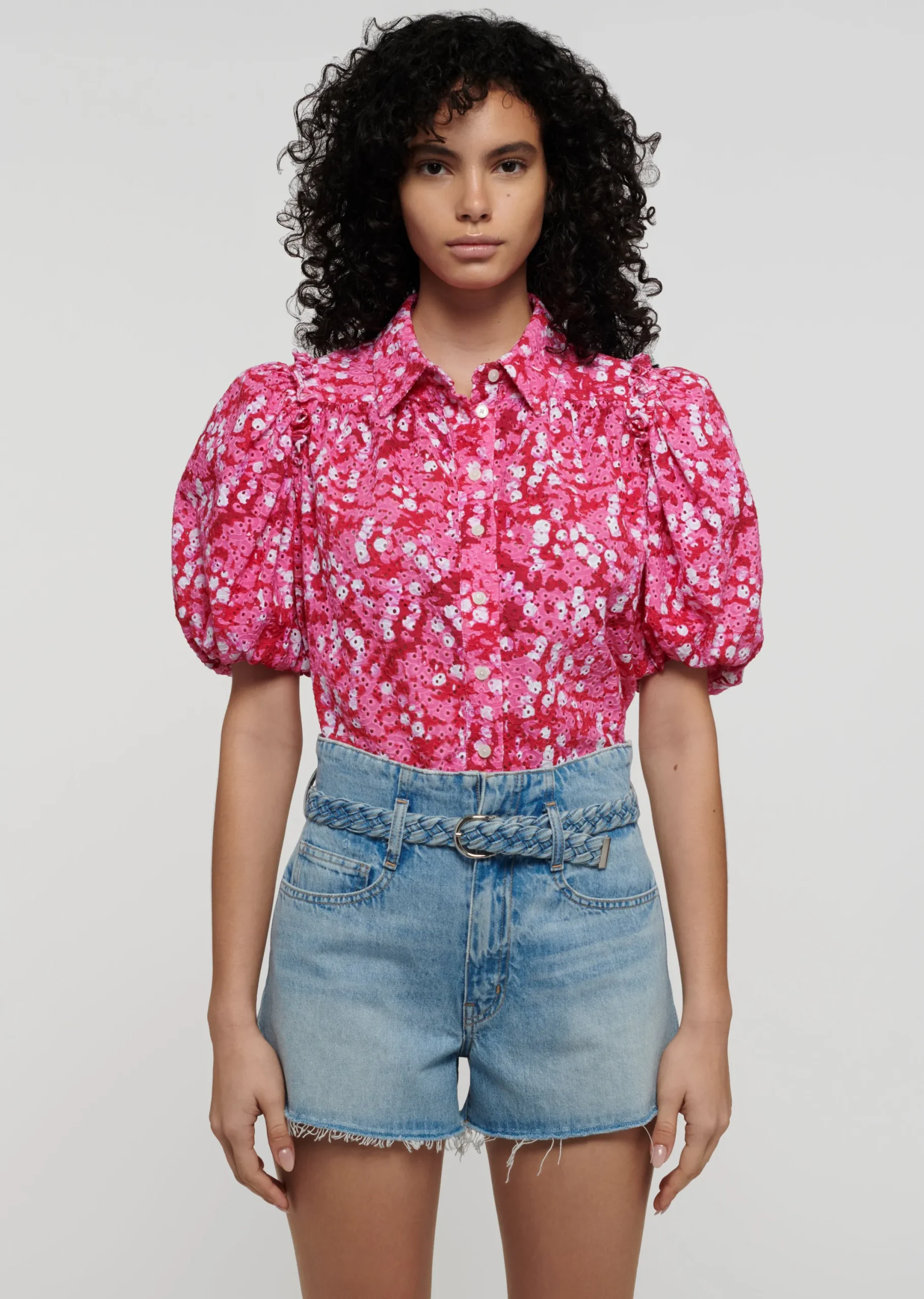 Derek Lam -Daria Balloon Sleeve Shirt Pink-Red Multi