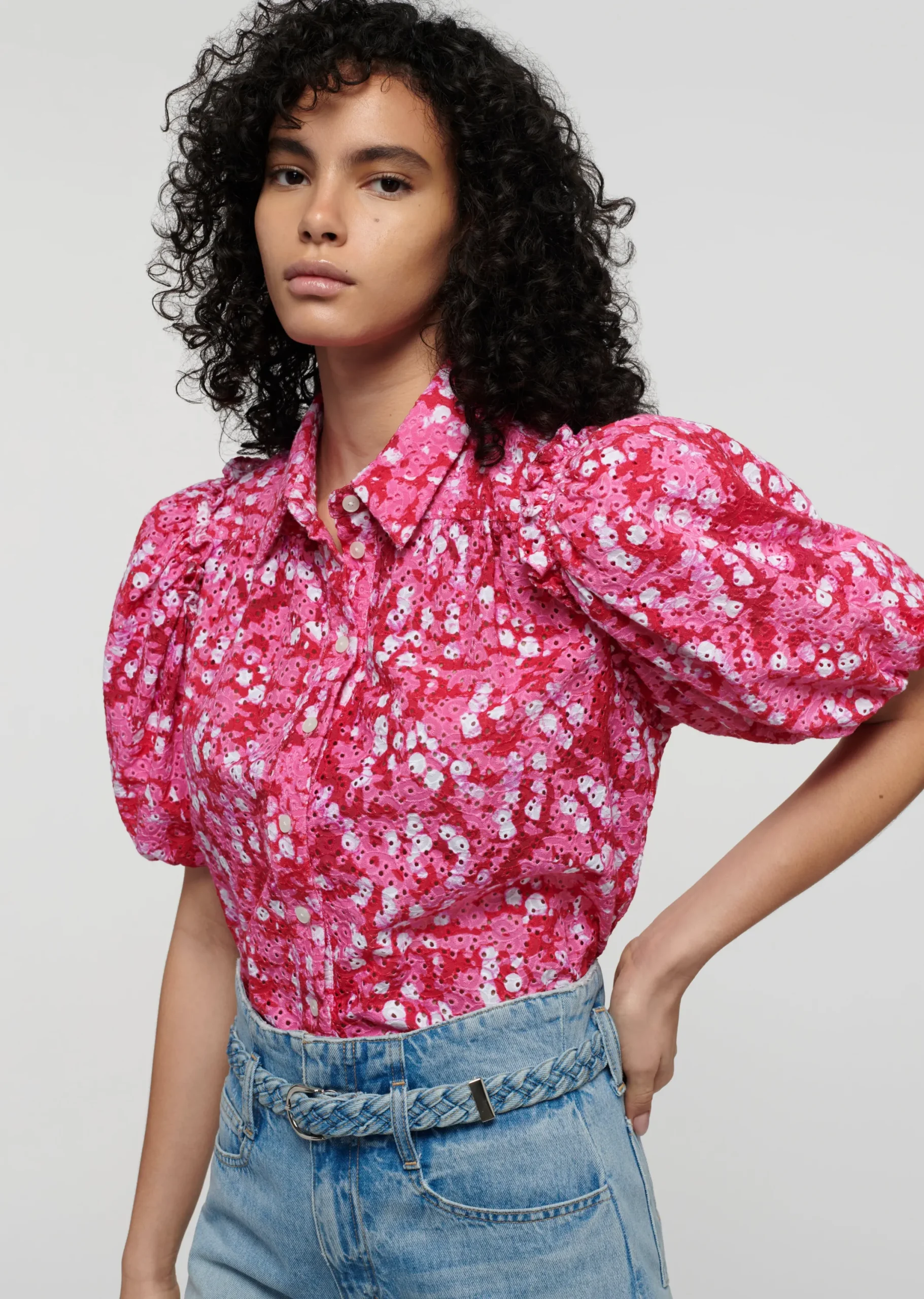 Derek Lam -Daria Balloon Sleeve Shirt Pink-Red Multi