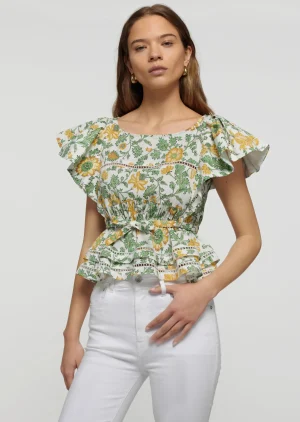 Derek Lam -Delphine Boat Neck Ruffle Blouse Yellow Multi