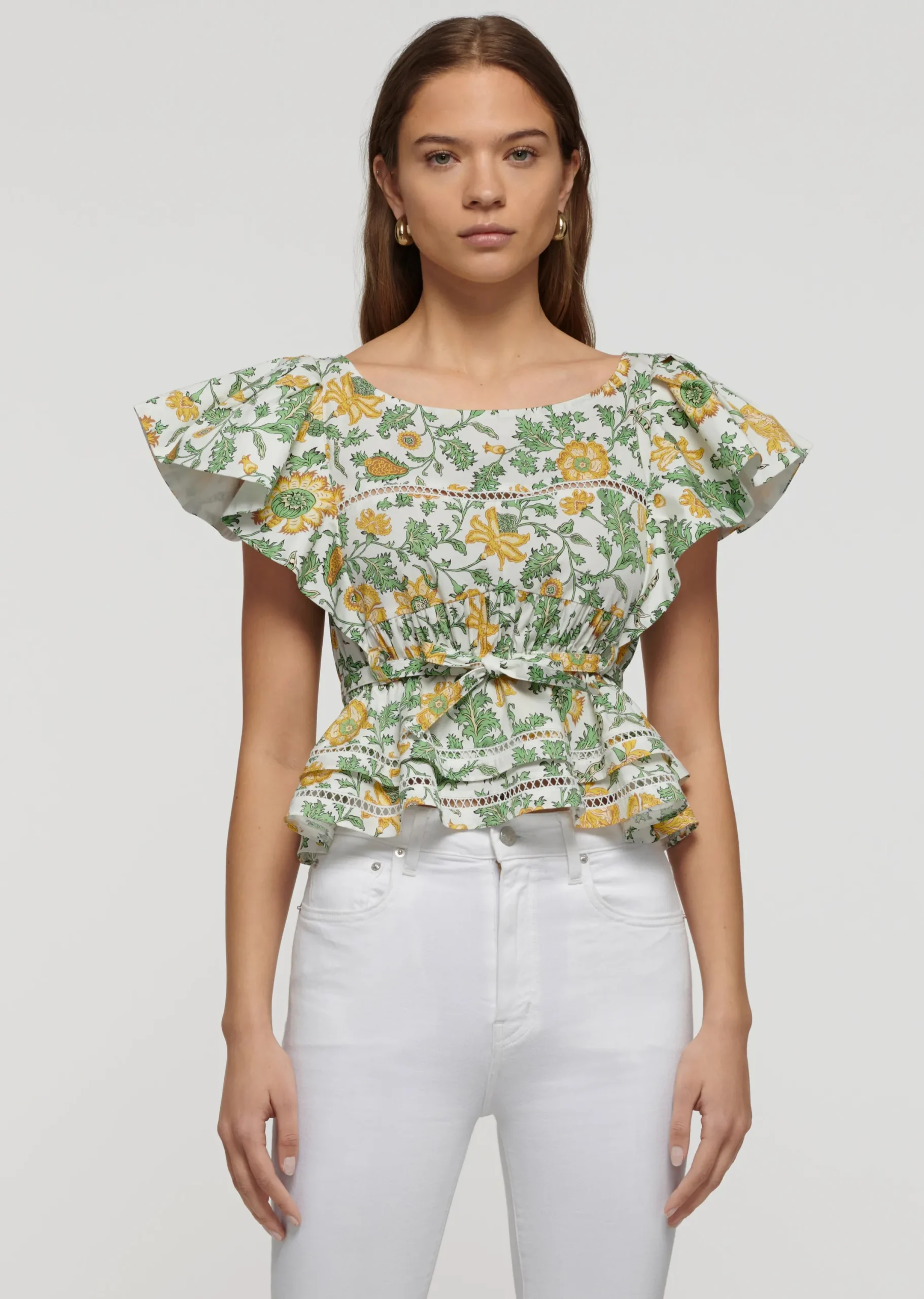 Derek Lam -Delphine Boat Neck Ruffle Blouse Yellow Multi