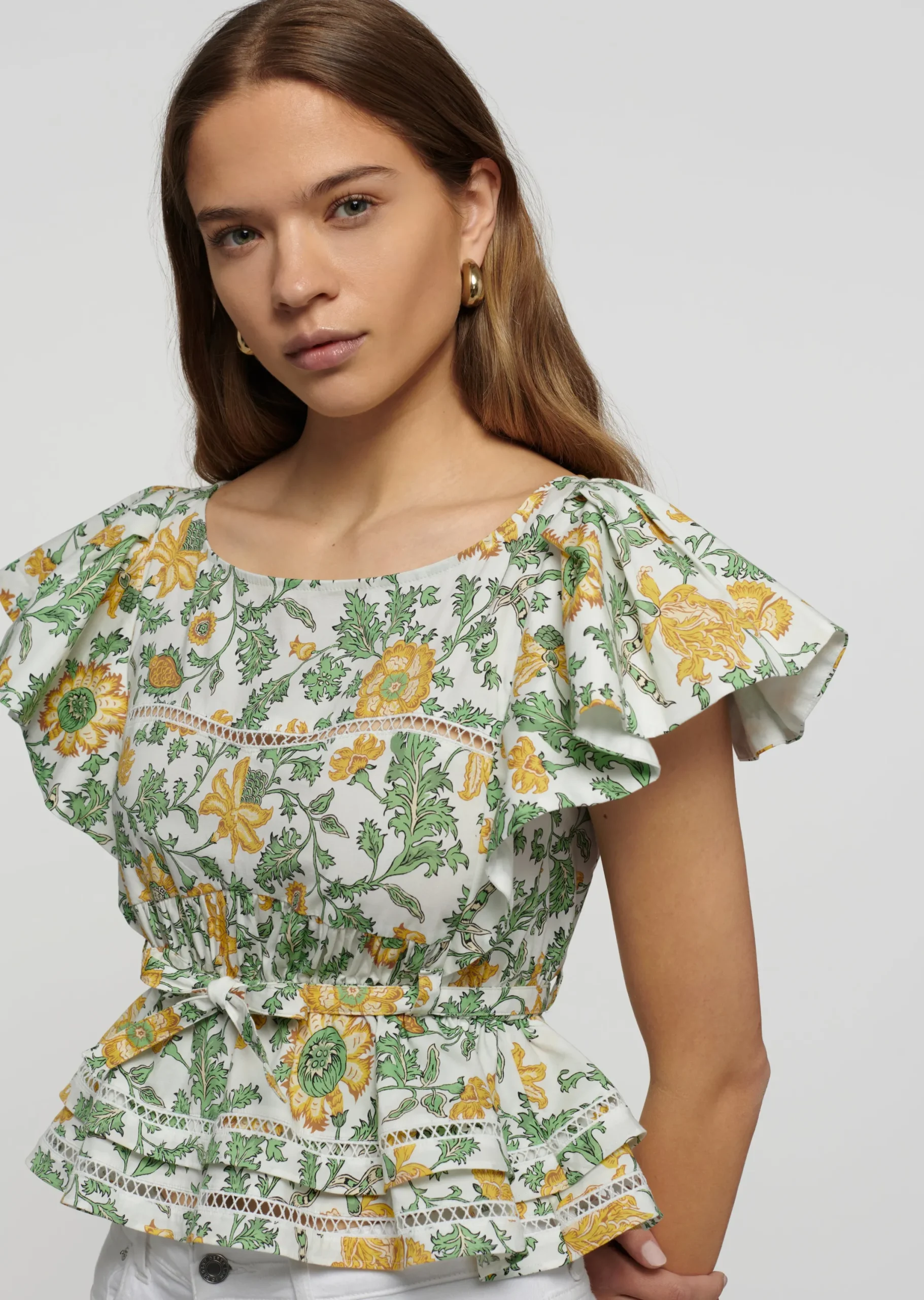 Derek Lam -Delphine Boat Neck Ruffle Blouse Yellow Multi