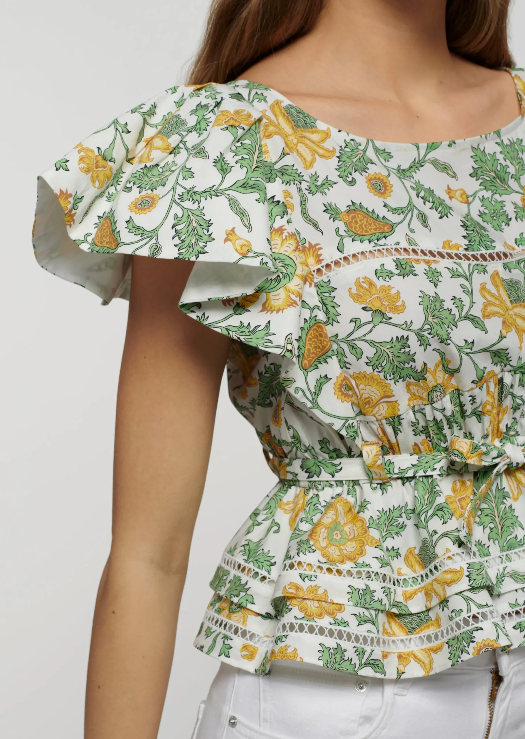 Derek Lam -Delphine Boat Neck Ruffle Blouse Yellow Multi