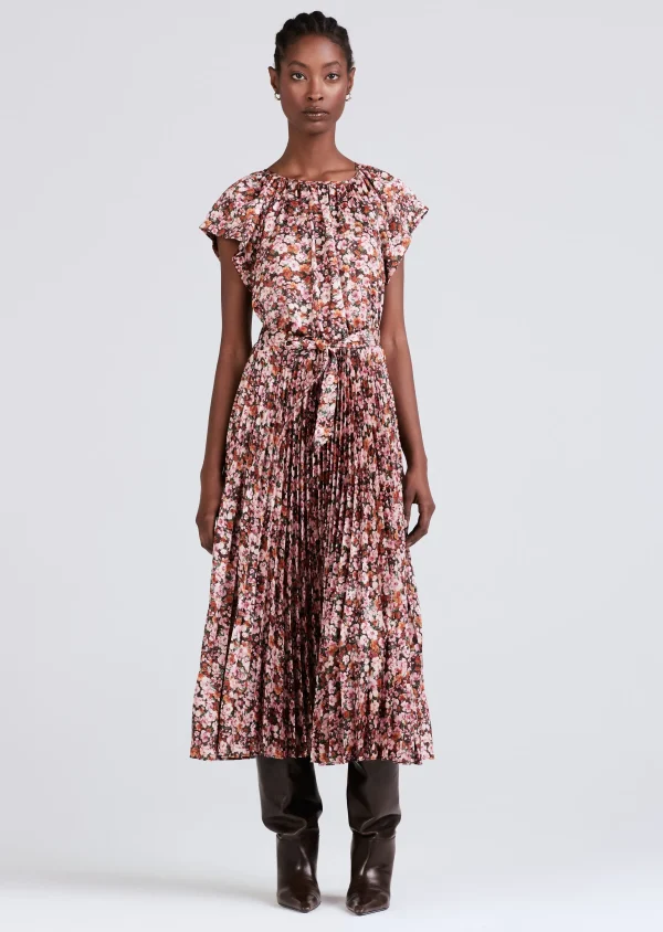 Derek Lam -Demetria Flutter Sleeve Midi Dress Burgundy Multi