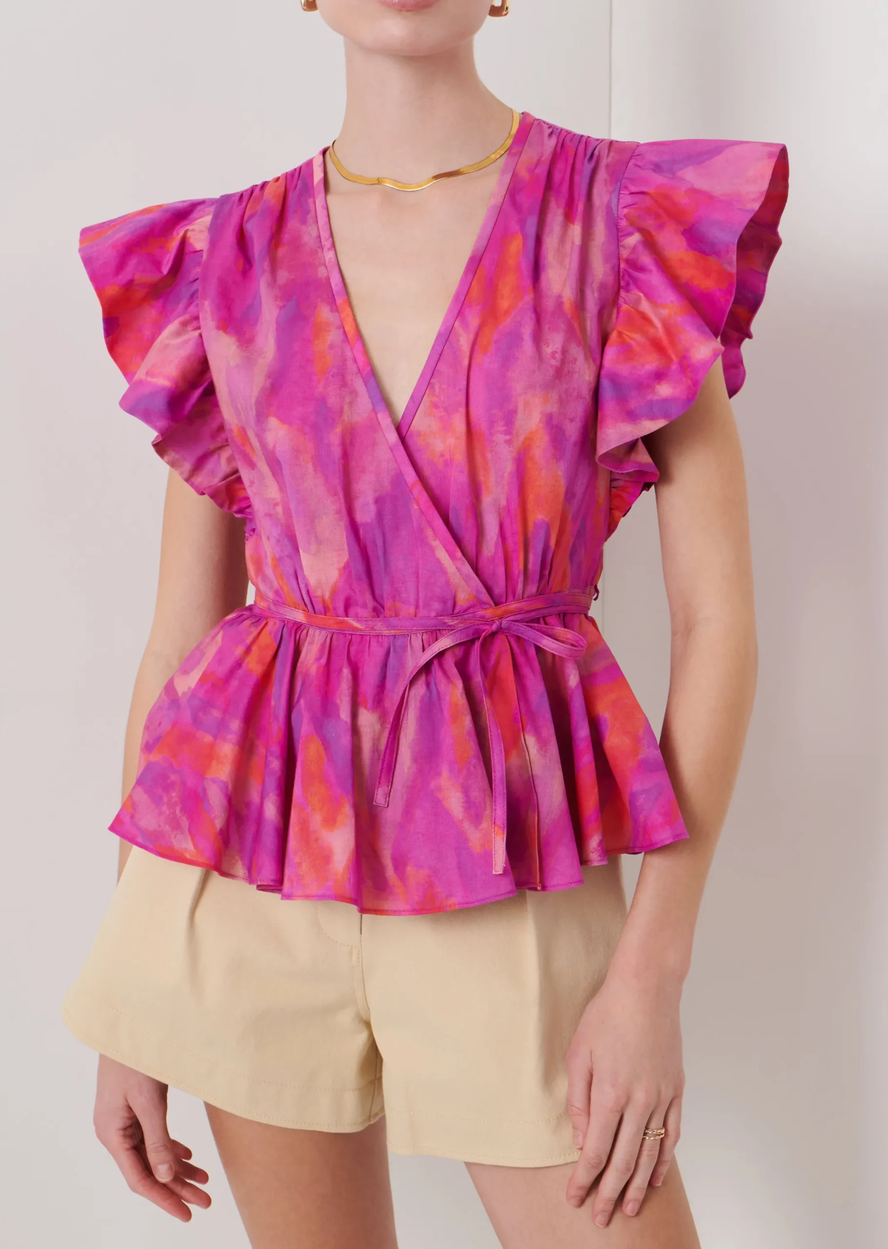 Derek Lam -Ember V-Neck Wrap Top Fuchsia Multi