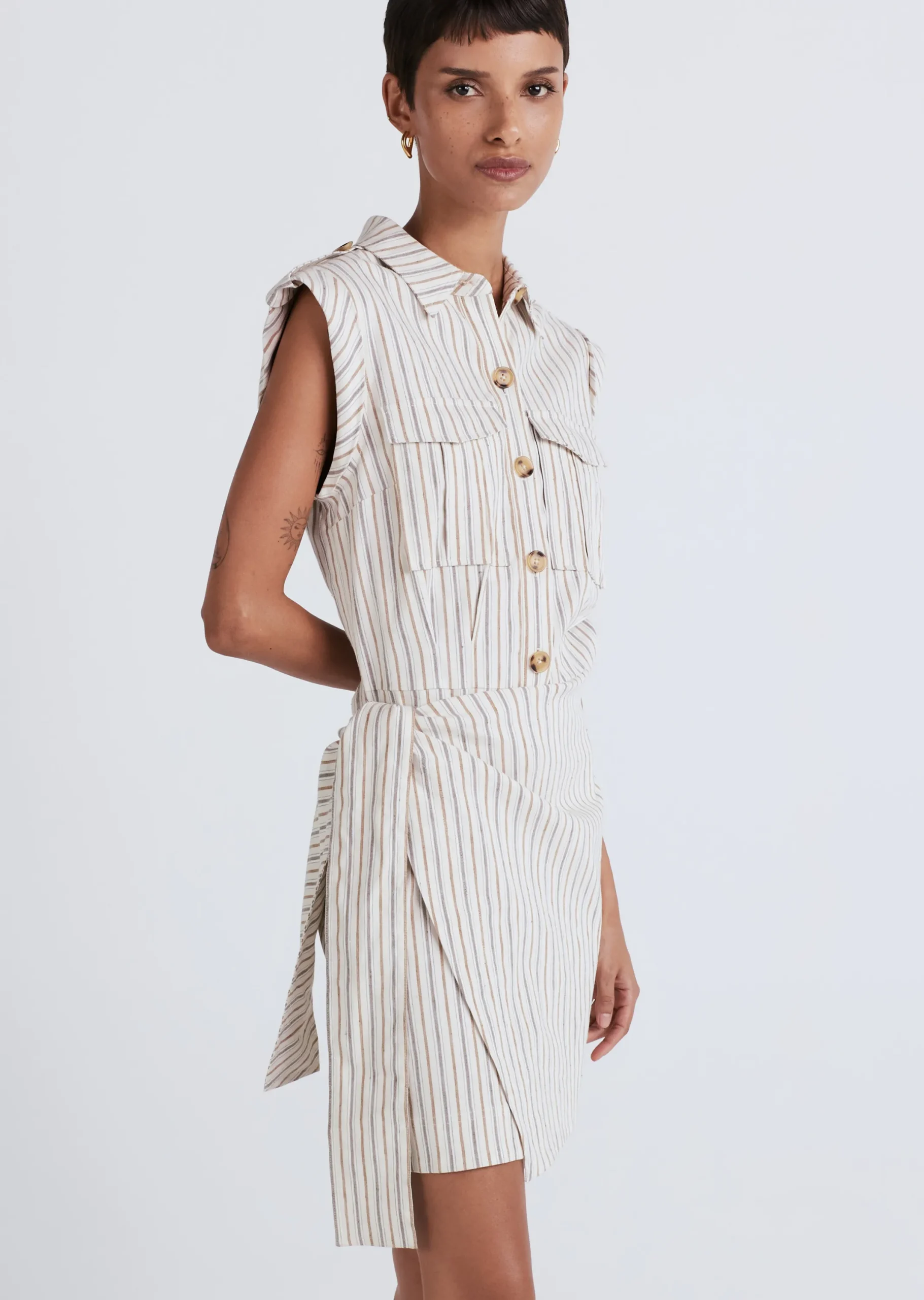 Derek Lam -Giselle Mini Tie Front Cargo Dress Tan Multi