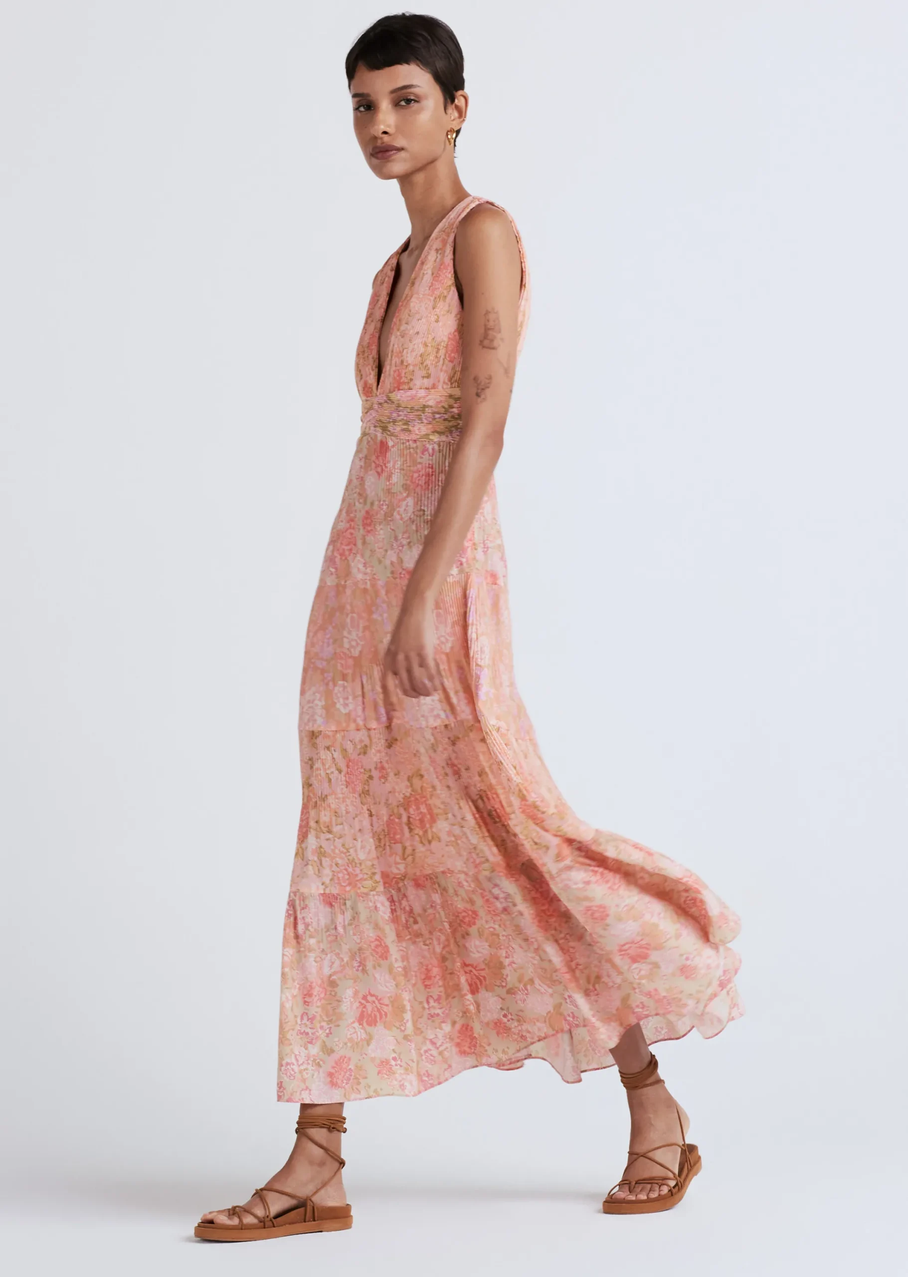 Derek Lam -Iris Pleated V-Neck Dress Patchwork Multi