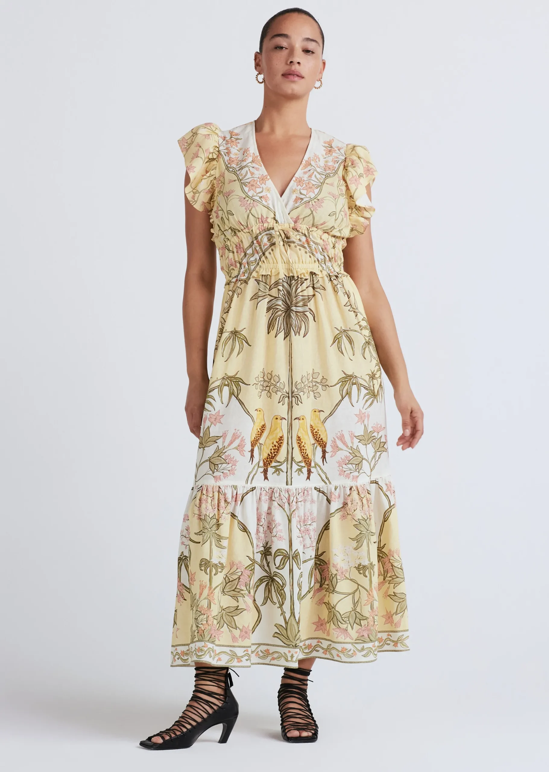 Derek Lam -Isadora V-Neck Ruffle Dress Pale Yellow Multi