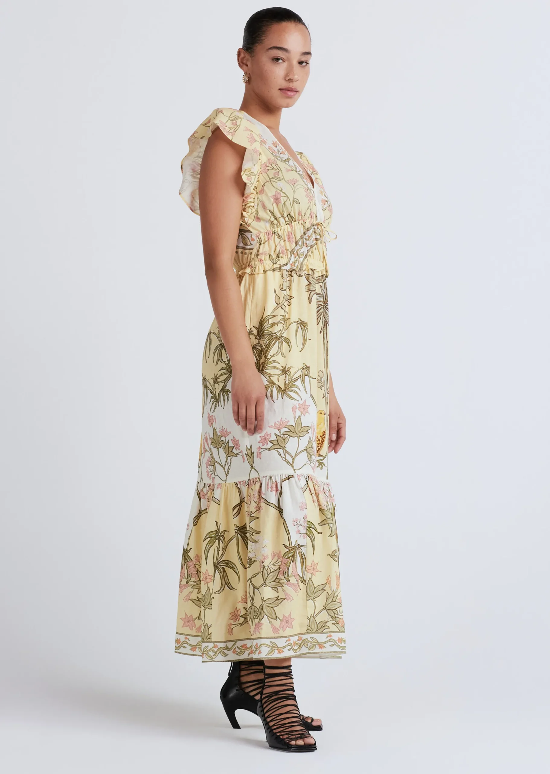 Derek Lam -Isadora V-Neck Ruffle Dress Pale Yellow Multi