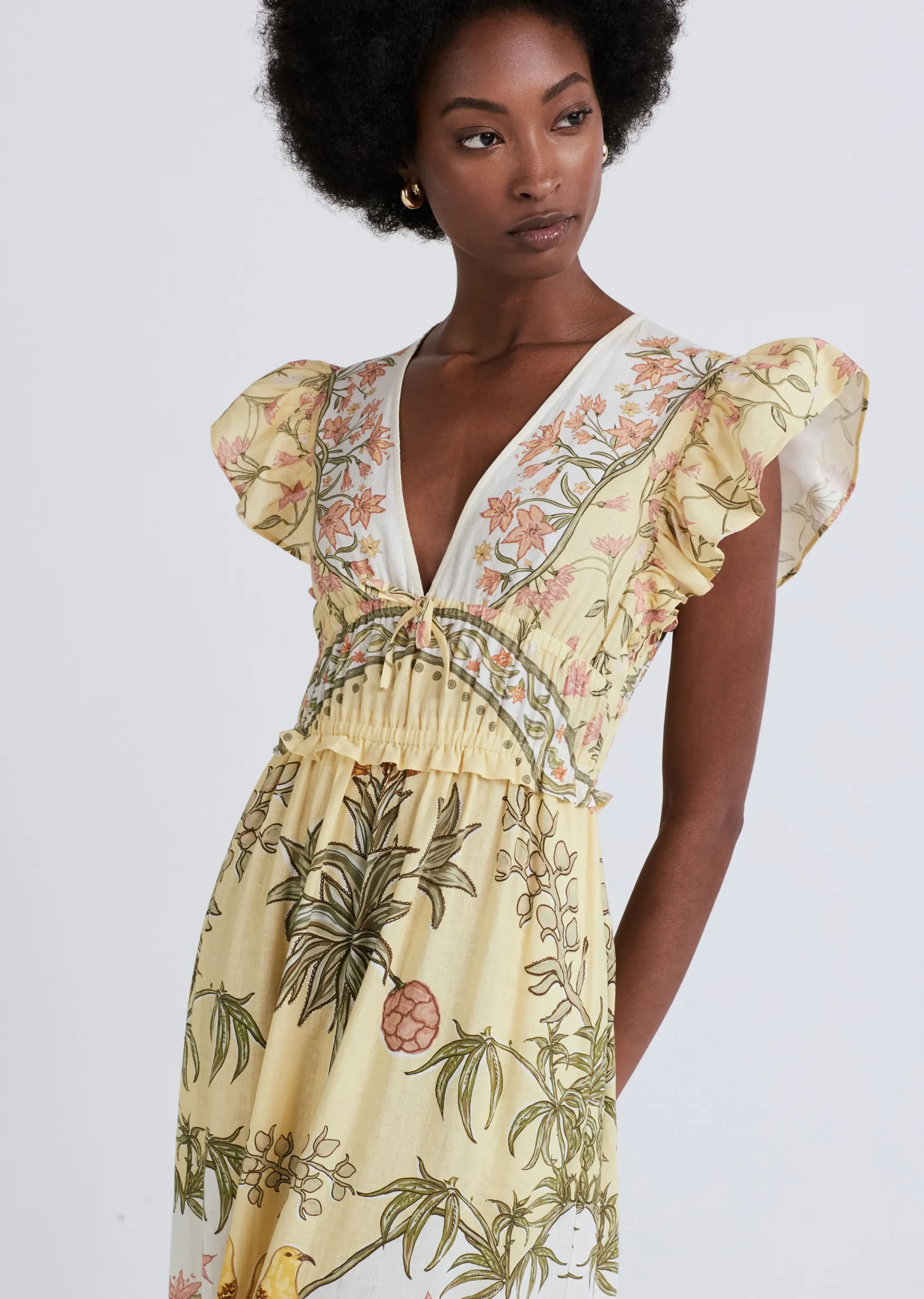 Derek Lam -Isadora V-Neck Ruffle Dress Pale Yellow Multi