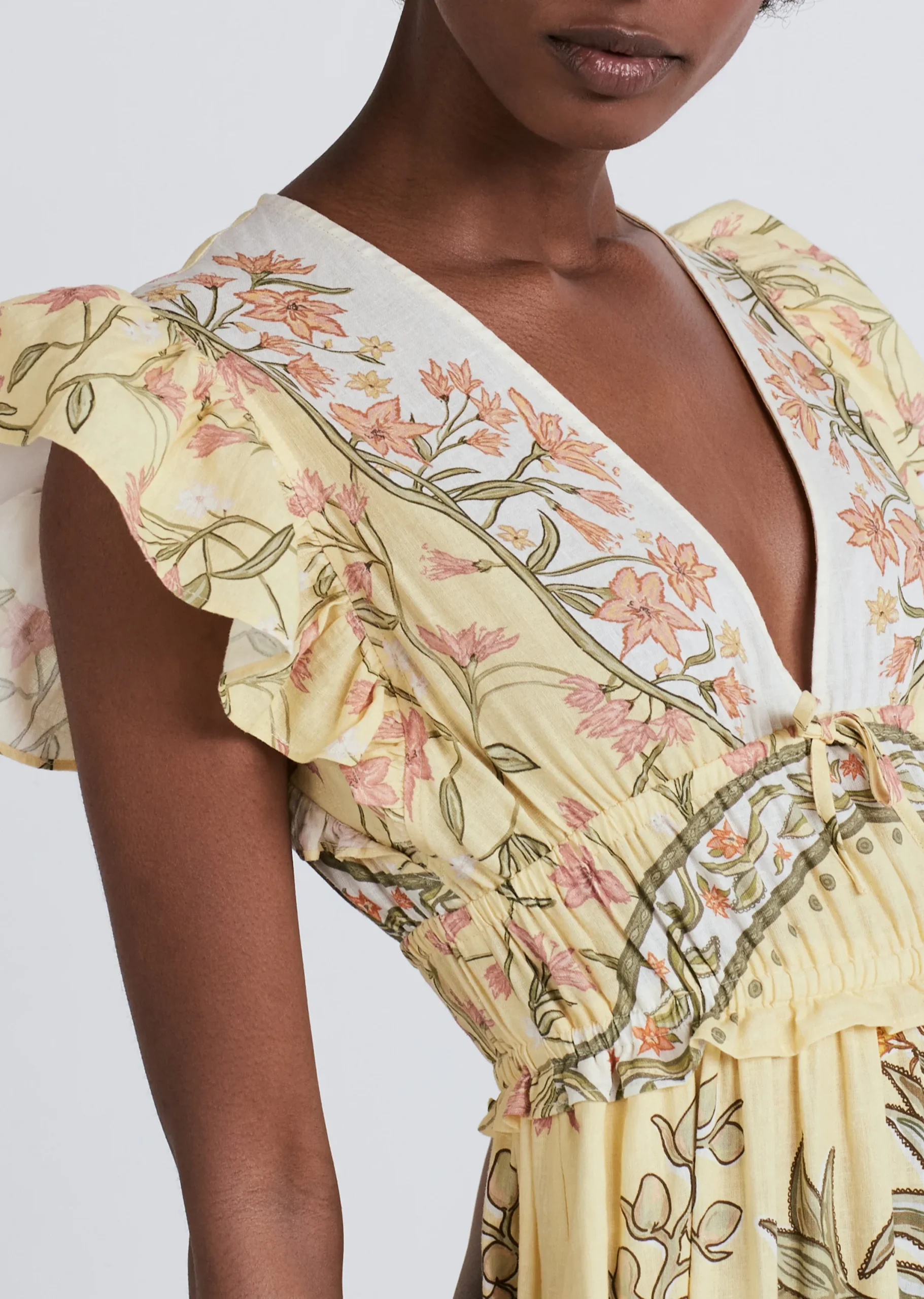 Derek Lam -Isadora V-Neck Ruffle Dress Pale Yellow Multi