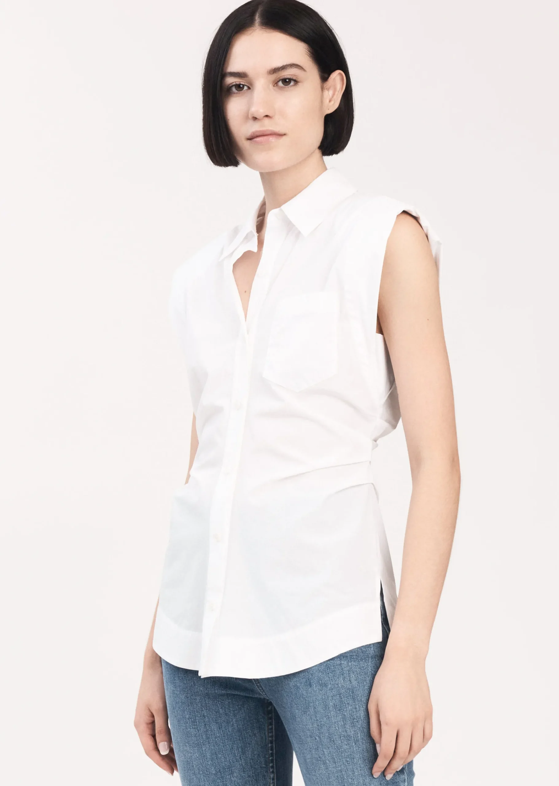 Derek Lam -Ivy Sleeveless Ruched Button Down Shirt White