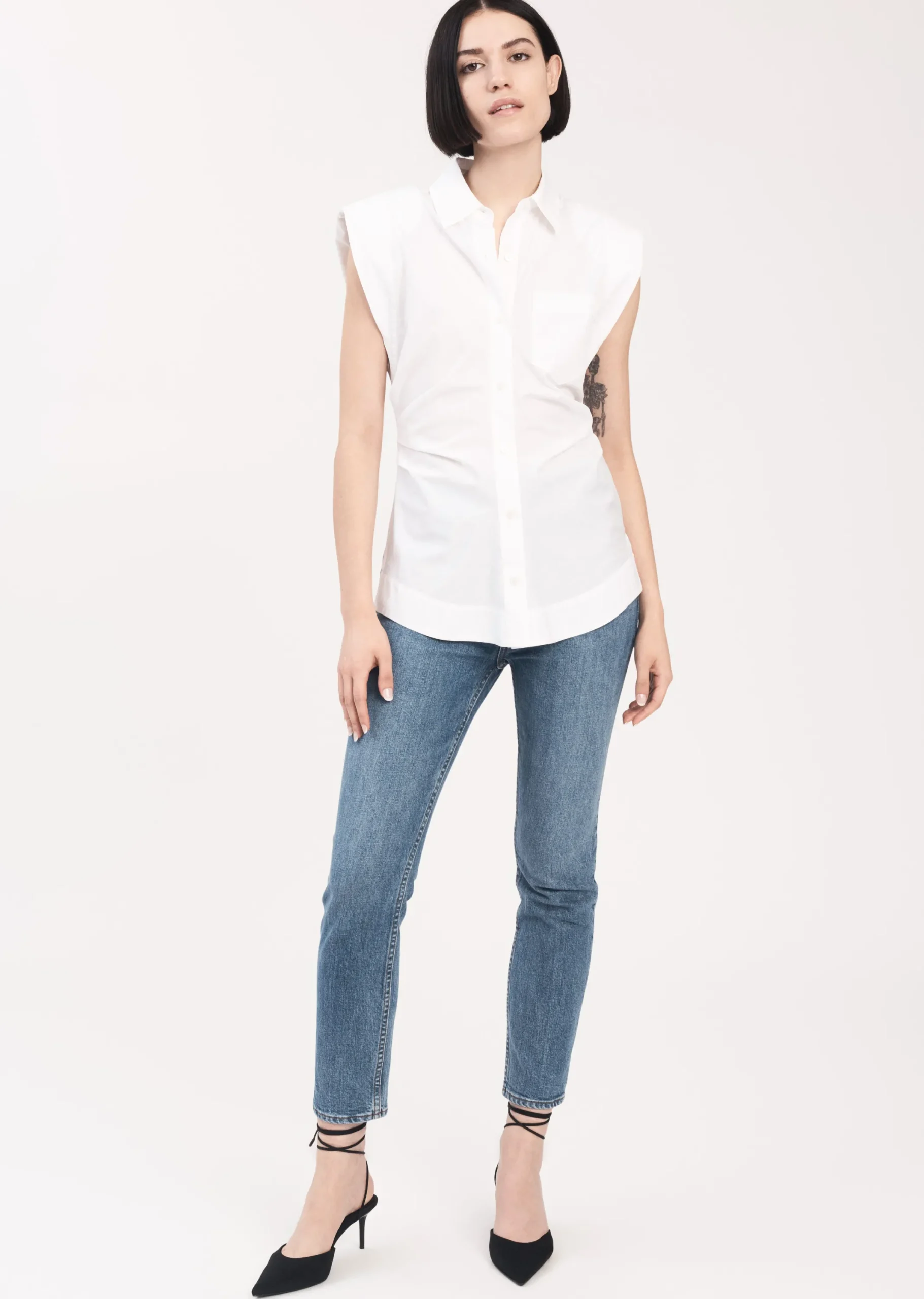 Derek Lam -Ivy Sleeveless Ruched Button Down Shirt White