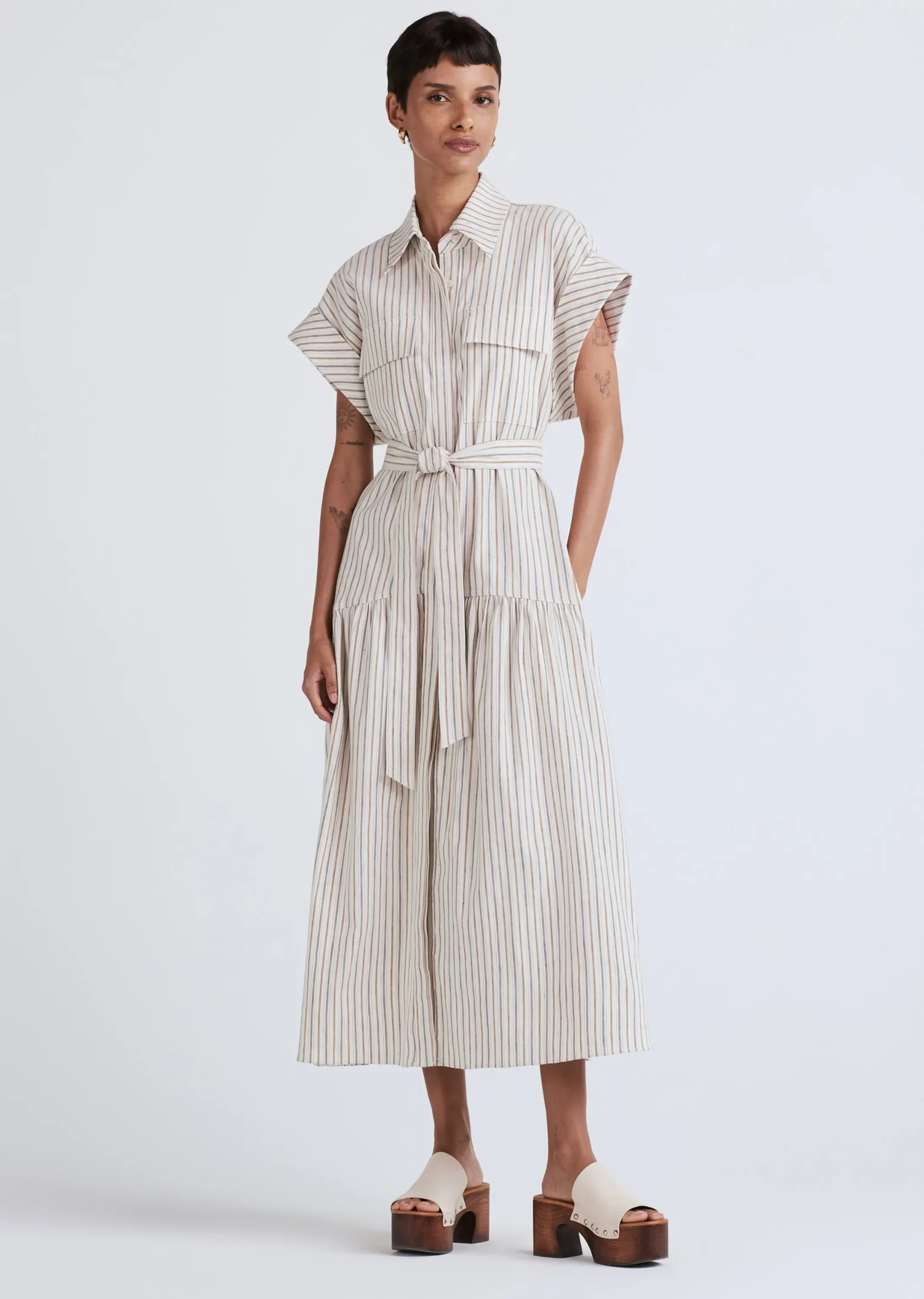 Derek Lam -Laurel Sleeveless Shirt Dress Tan Multi