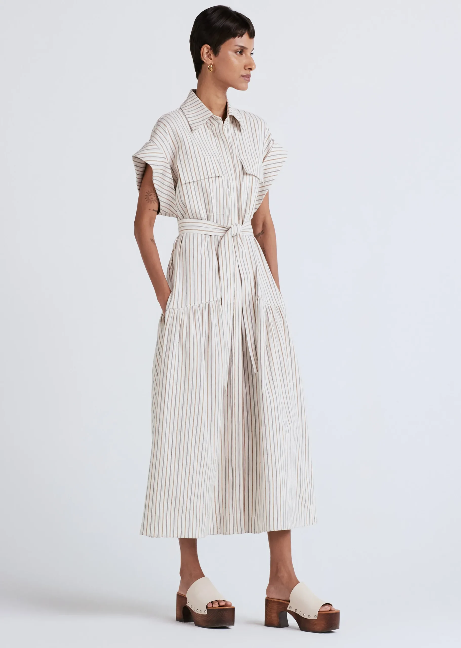 Derek Lam -Laurel Sleeveless Shirt Dress Tan Multi