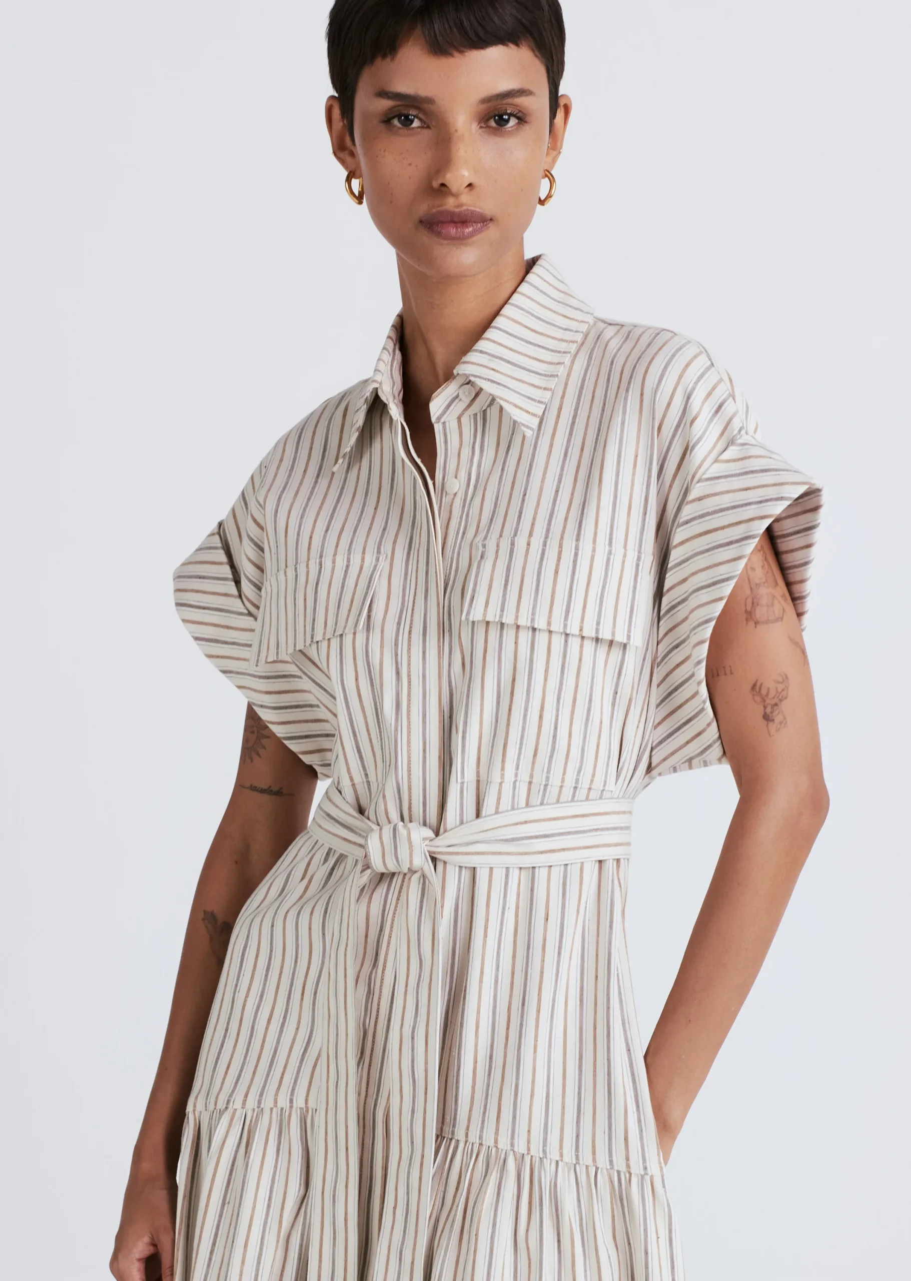 Derek Lam -Laurel Sleeveless Shirt Dress Tan Multi