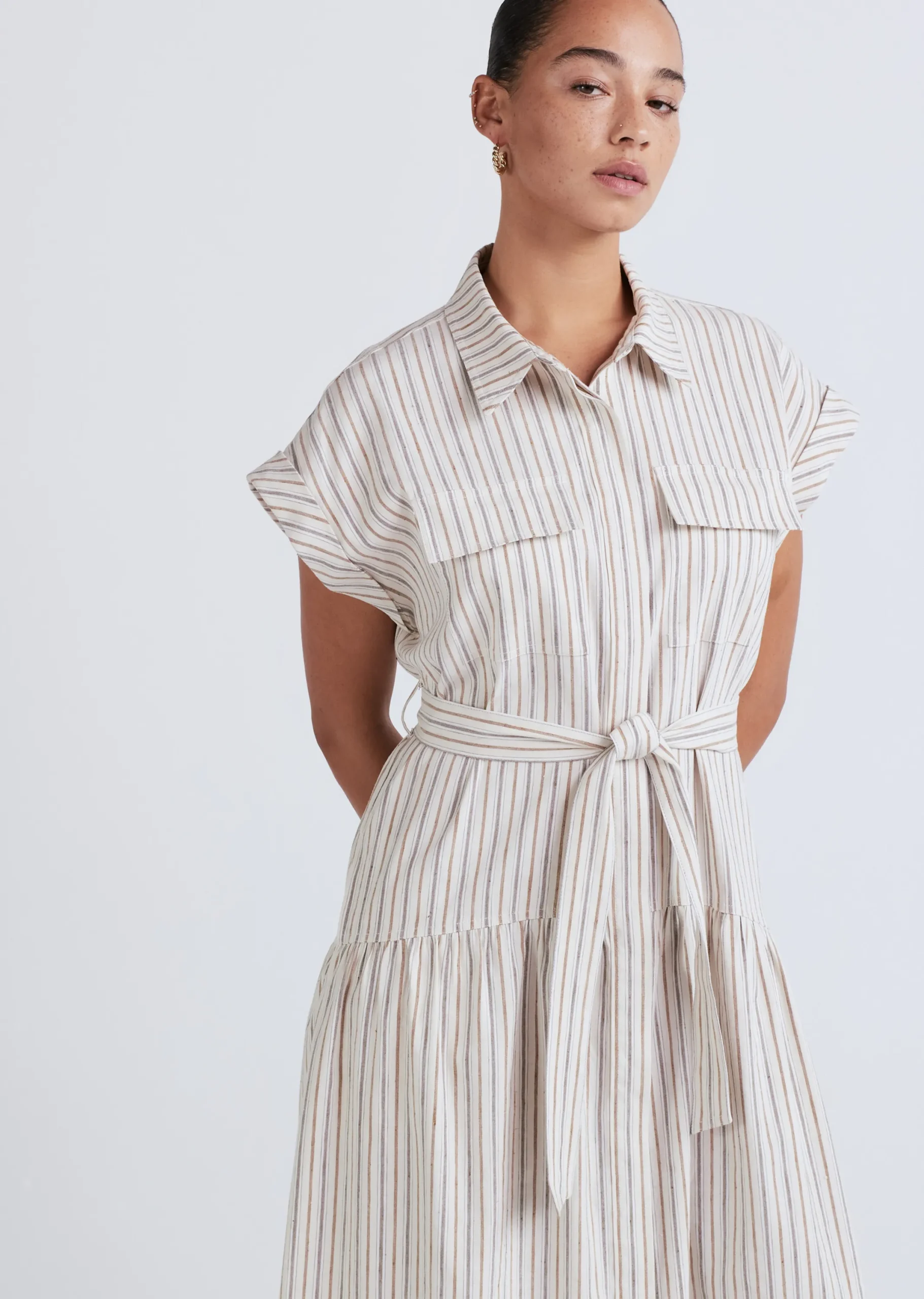 Derek Lam -Laurel Sleeveless Shirt Dress Tan Multi