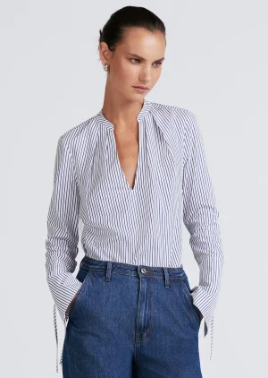 Derek Lam -Lila Long Sleeve V-Neck Top White-Navy