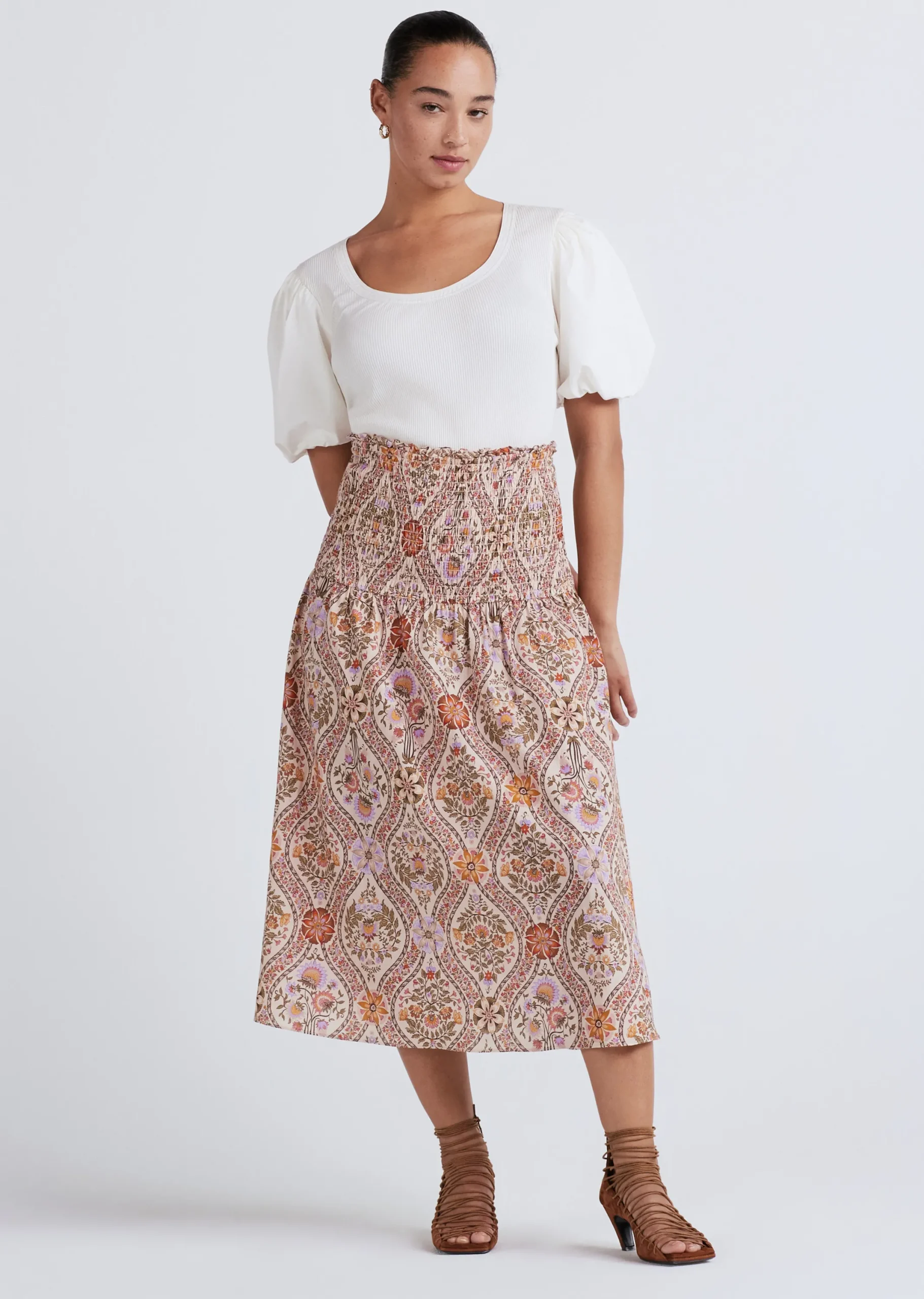 Derek Lam -Madani Smocked Skirt Light Khaki Multi