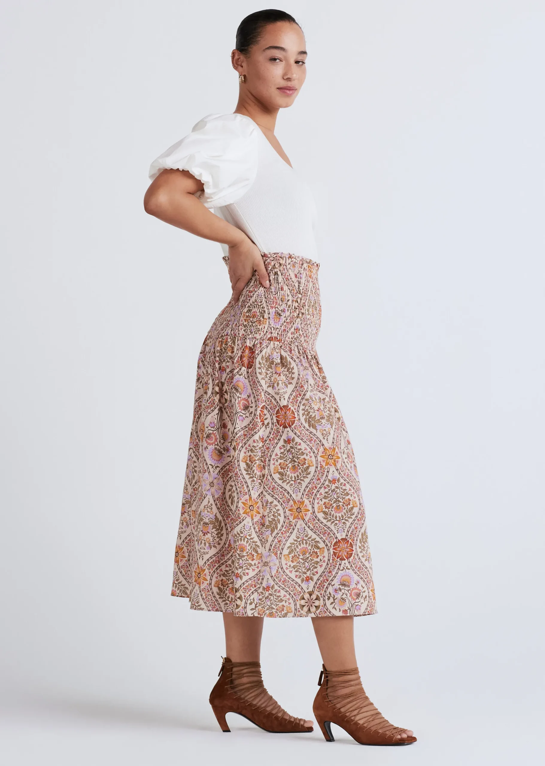 Derek Lam -Madani Smocked Skirt Light Khaki Multi