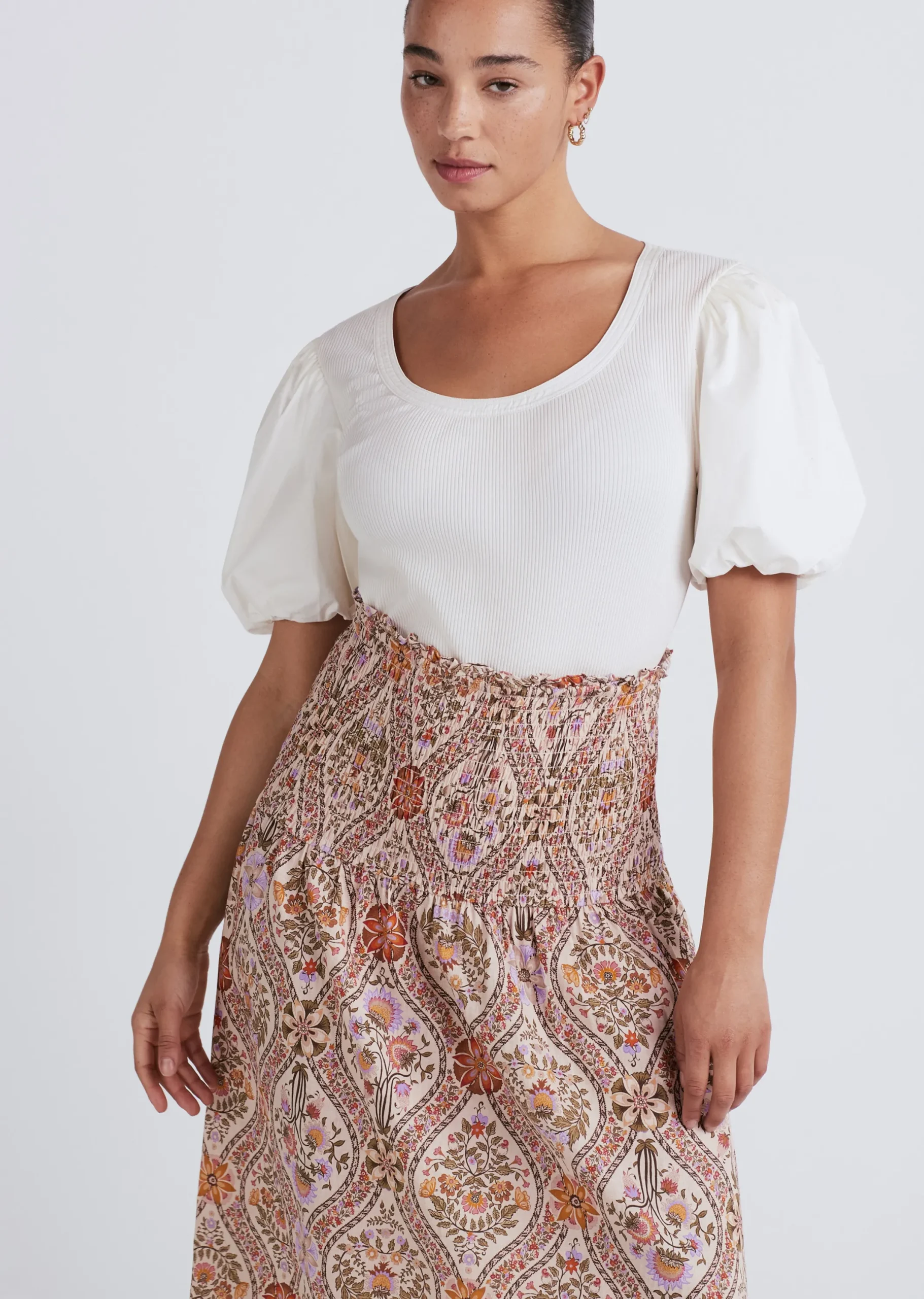 Derek Lam -Madani Smocked Skirt Light Khaki Multi