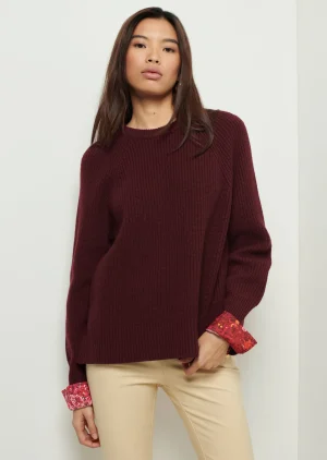 Derek Lam -Marcia Long Sleeve Combo Crewneck Sweater Burgundy-Pink Multi