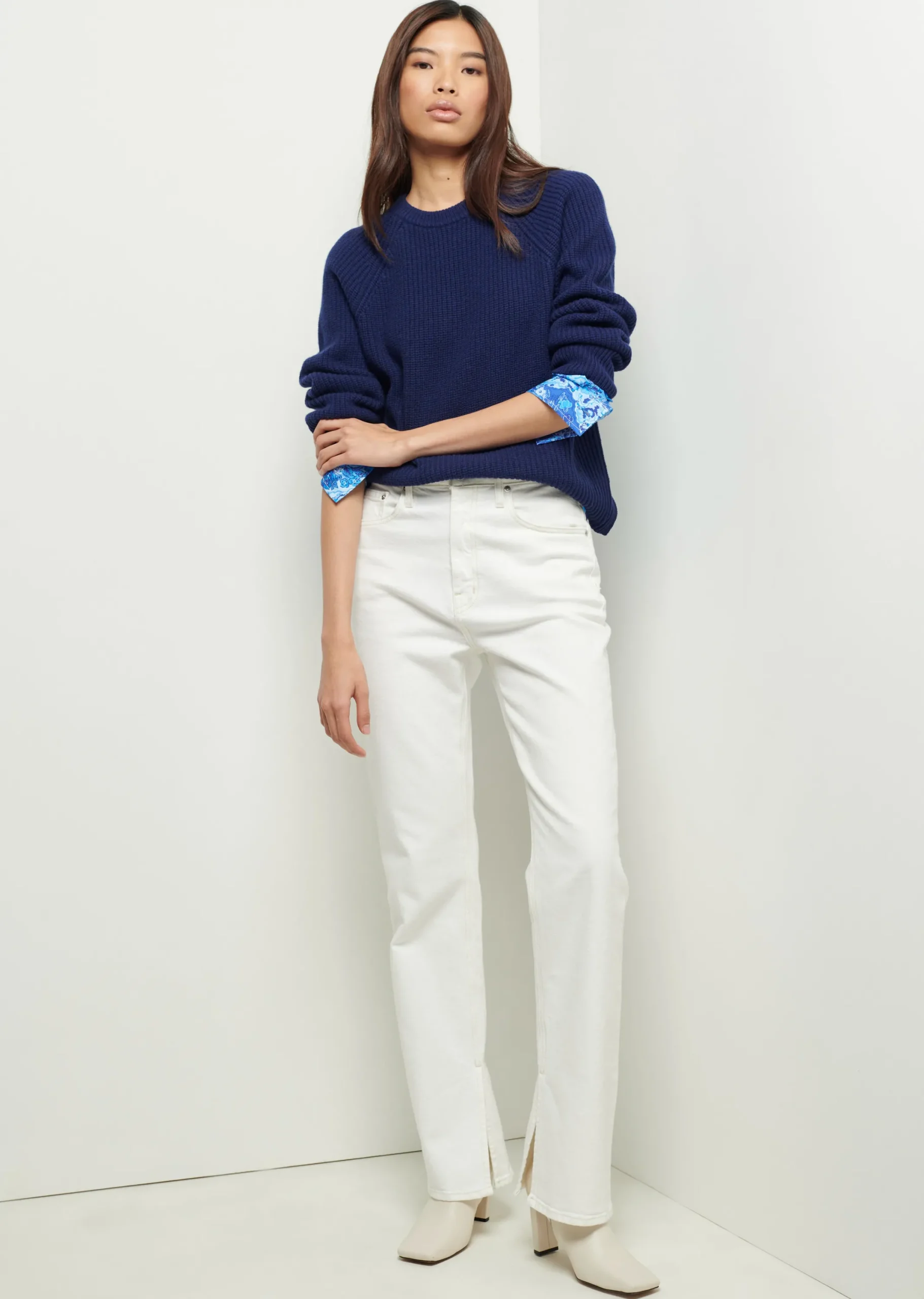 Derek Lam -Marcia Long Sleeve Combo Crewneck Sweater Navy-Cobalt Multi