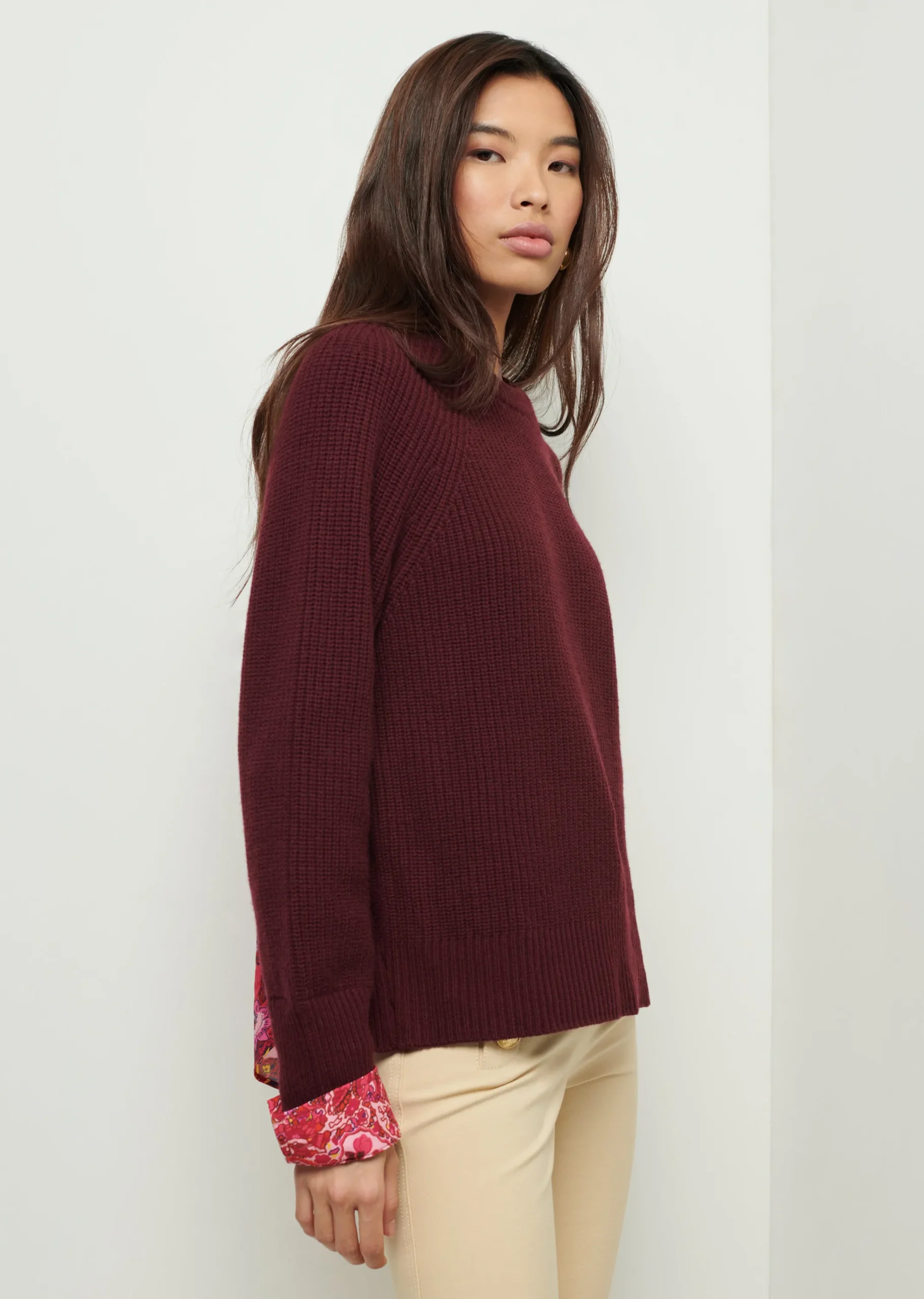 Derek Lam -Marcia Long Sleeve Combo Crewneck Sweater Burgundy-Pink Multi