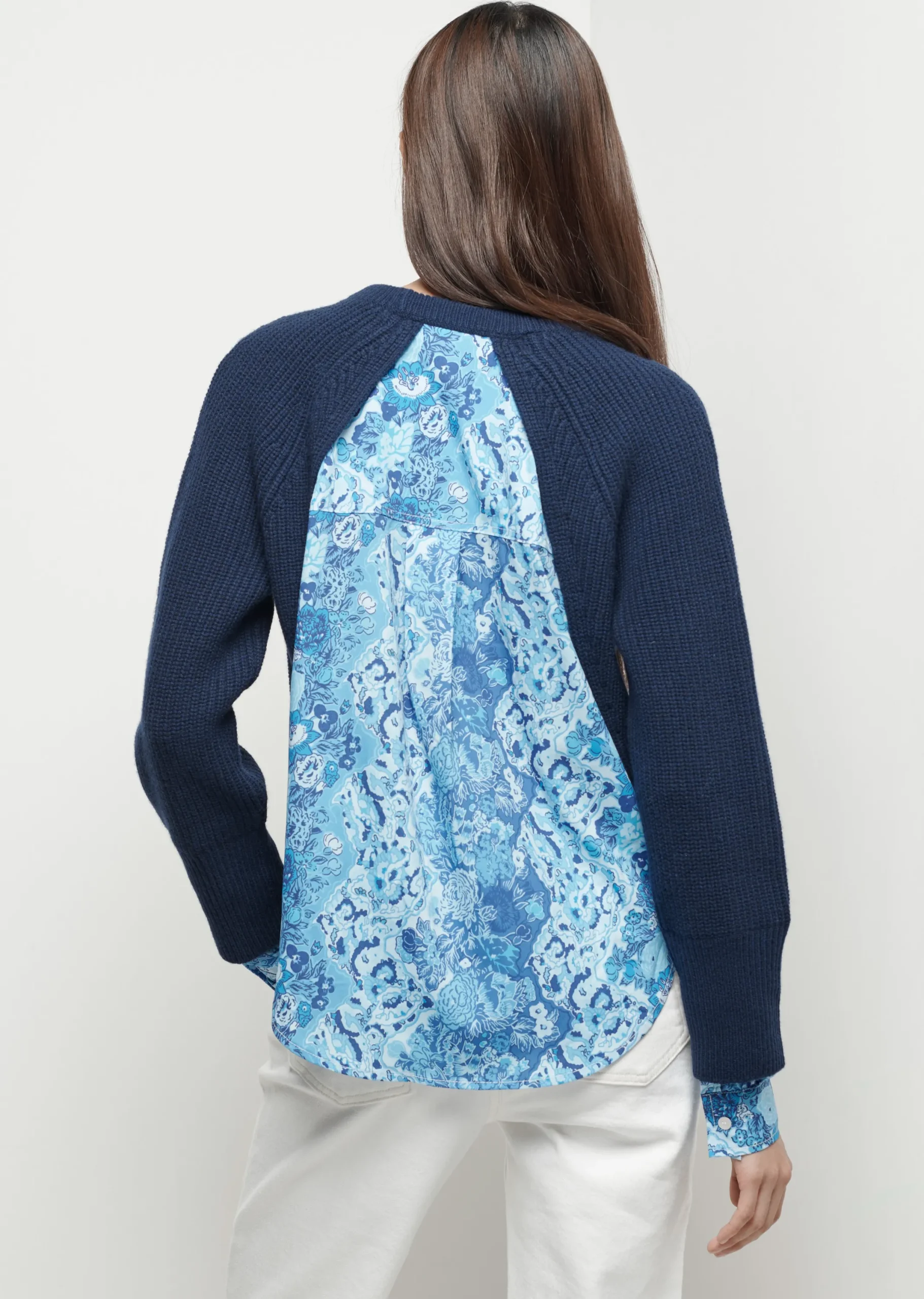 Derek Lam -Marcia Long Sleeve Combo Crewneck Sweater Navy-Cobalt Multi