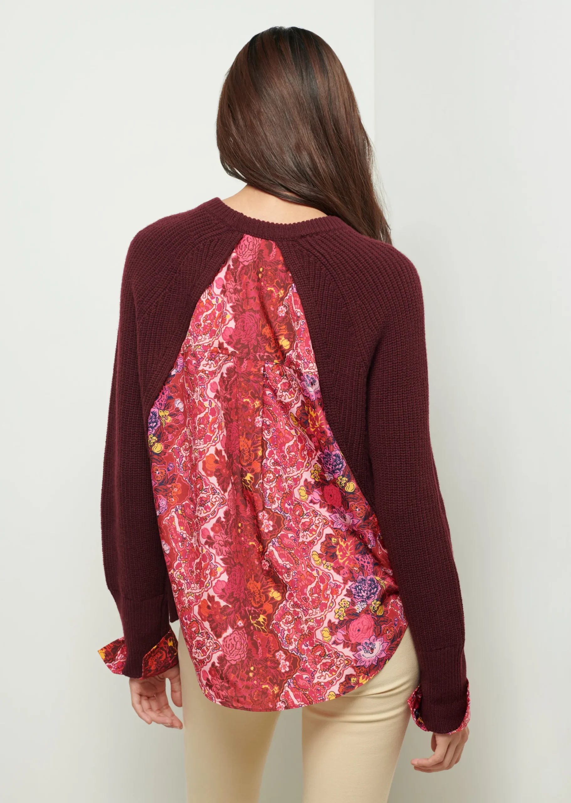 Derek Lam -Marcia Long Sleeve Combo Crewneck Sweater Burgundy-Pink Multi