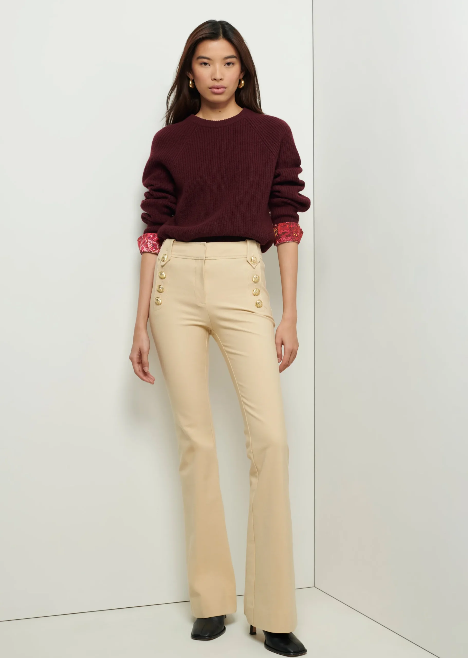 Derek Lam -Marcia Long Sleeve Combo Crewneck Sweater Burgundy-Pink Multi