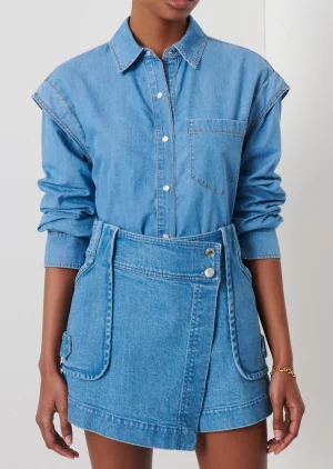 Derek Lam -Marley Ruched Sleeve Button Down Shirt Light Wash