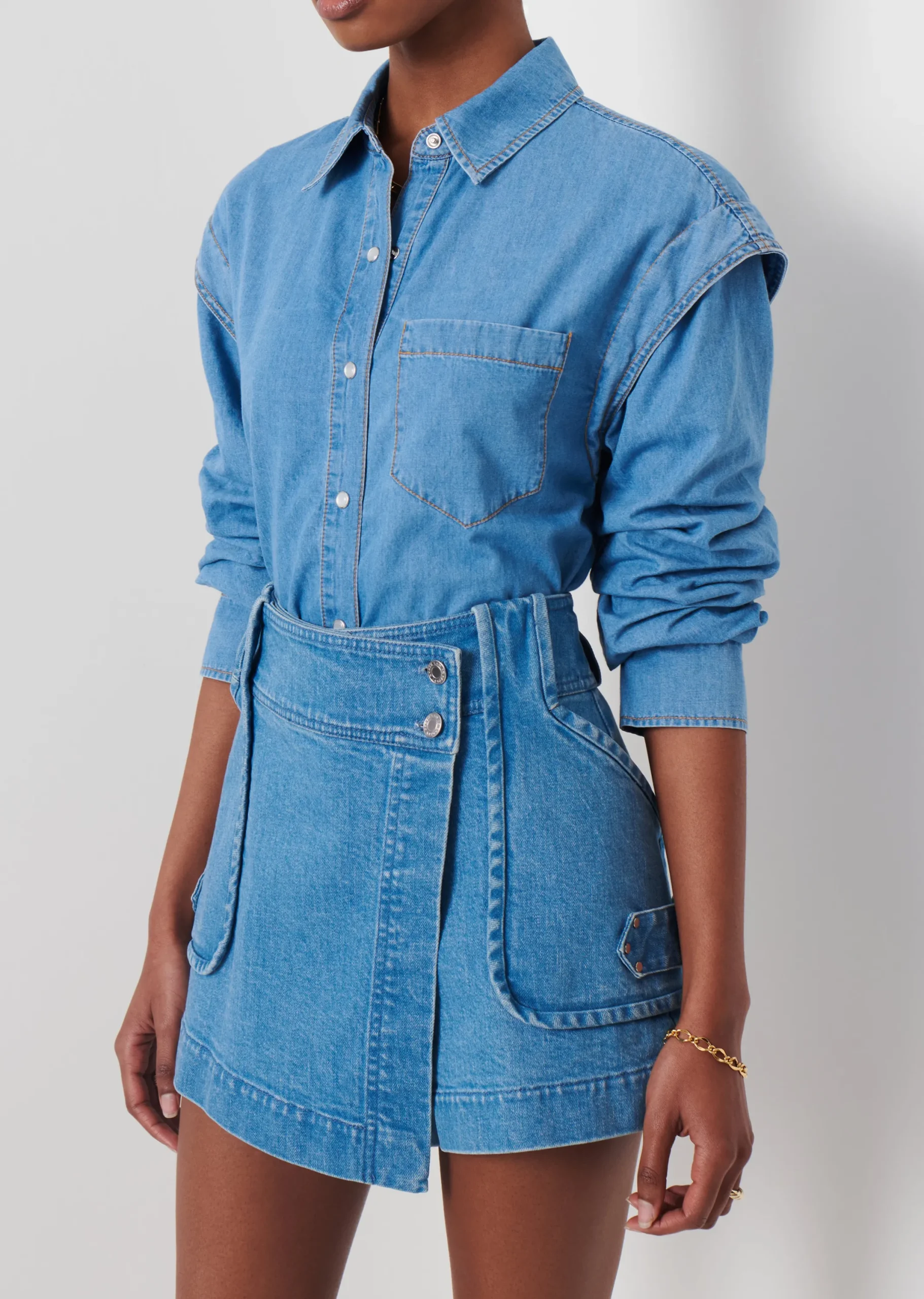 Derek Lam -Marley Ruched Sleeve Button Down Shirt Light Wash
