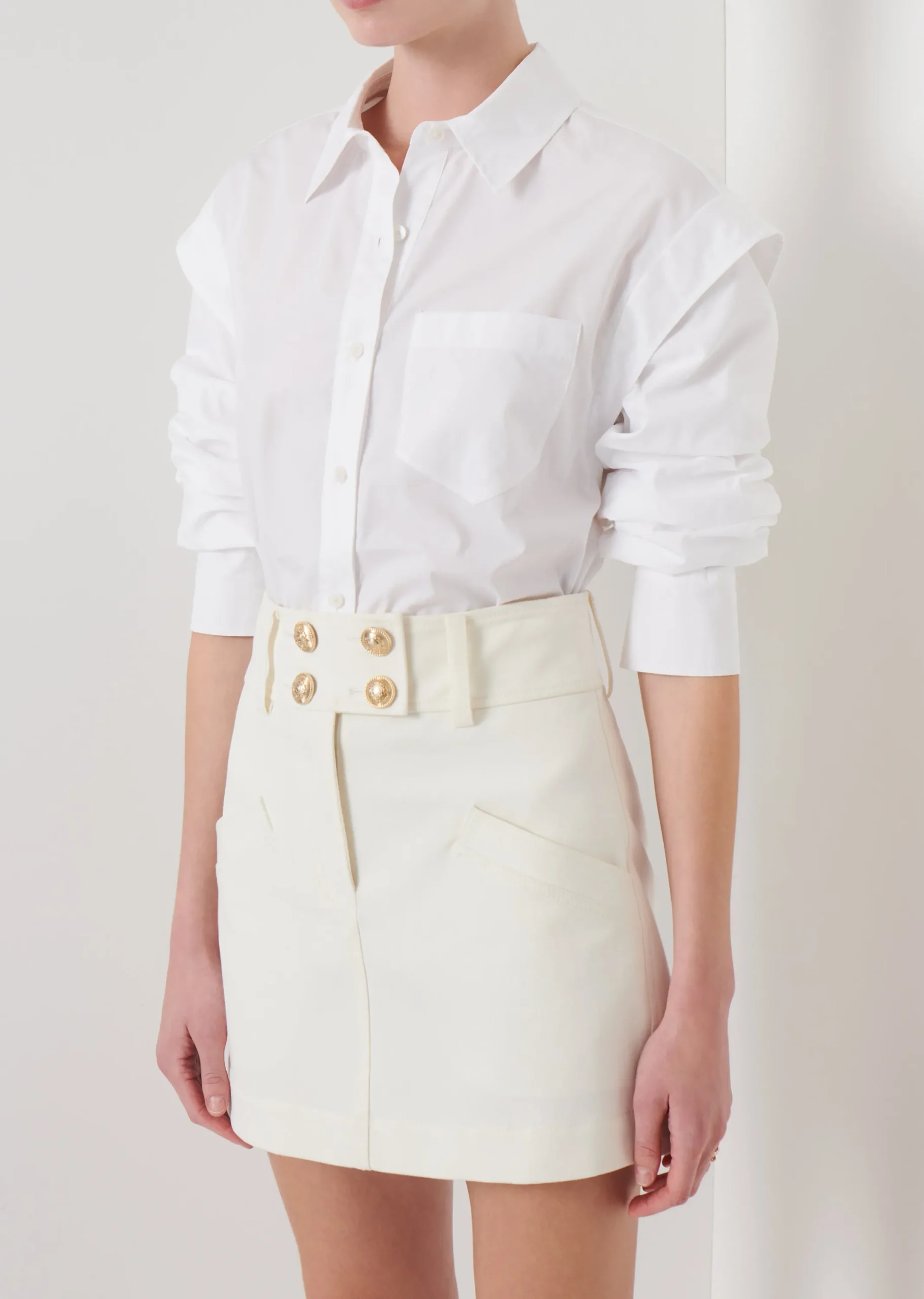 Derek Lam -Marley Ruched Sleeve Button Down Shirt White
